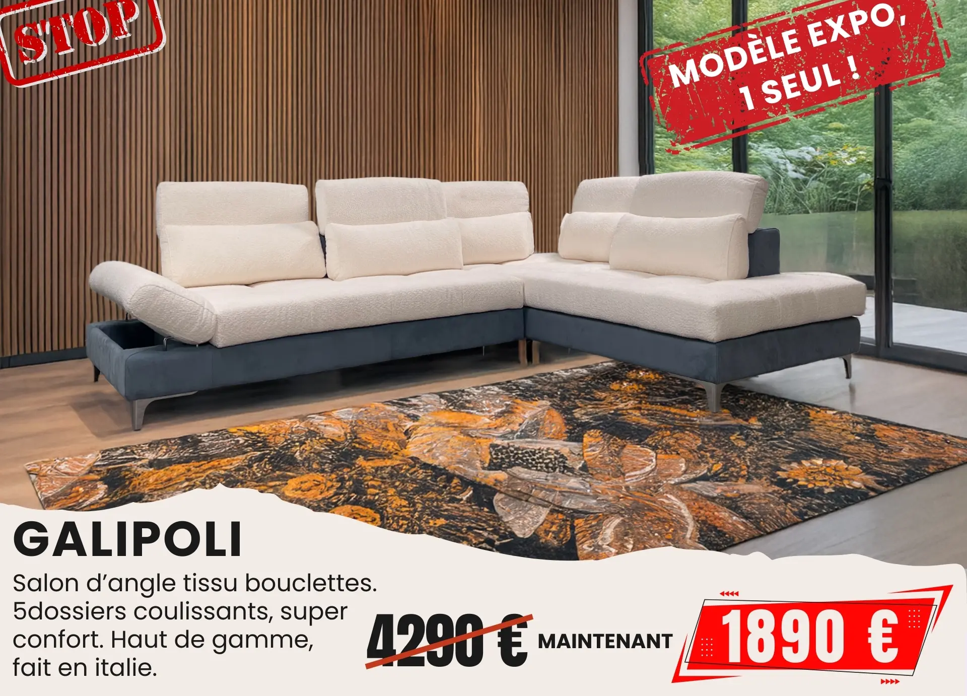 +2 tissu bouclettes blanc Salon d'angle tissu bouclettes