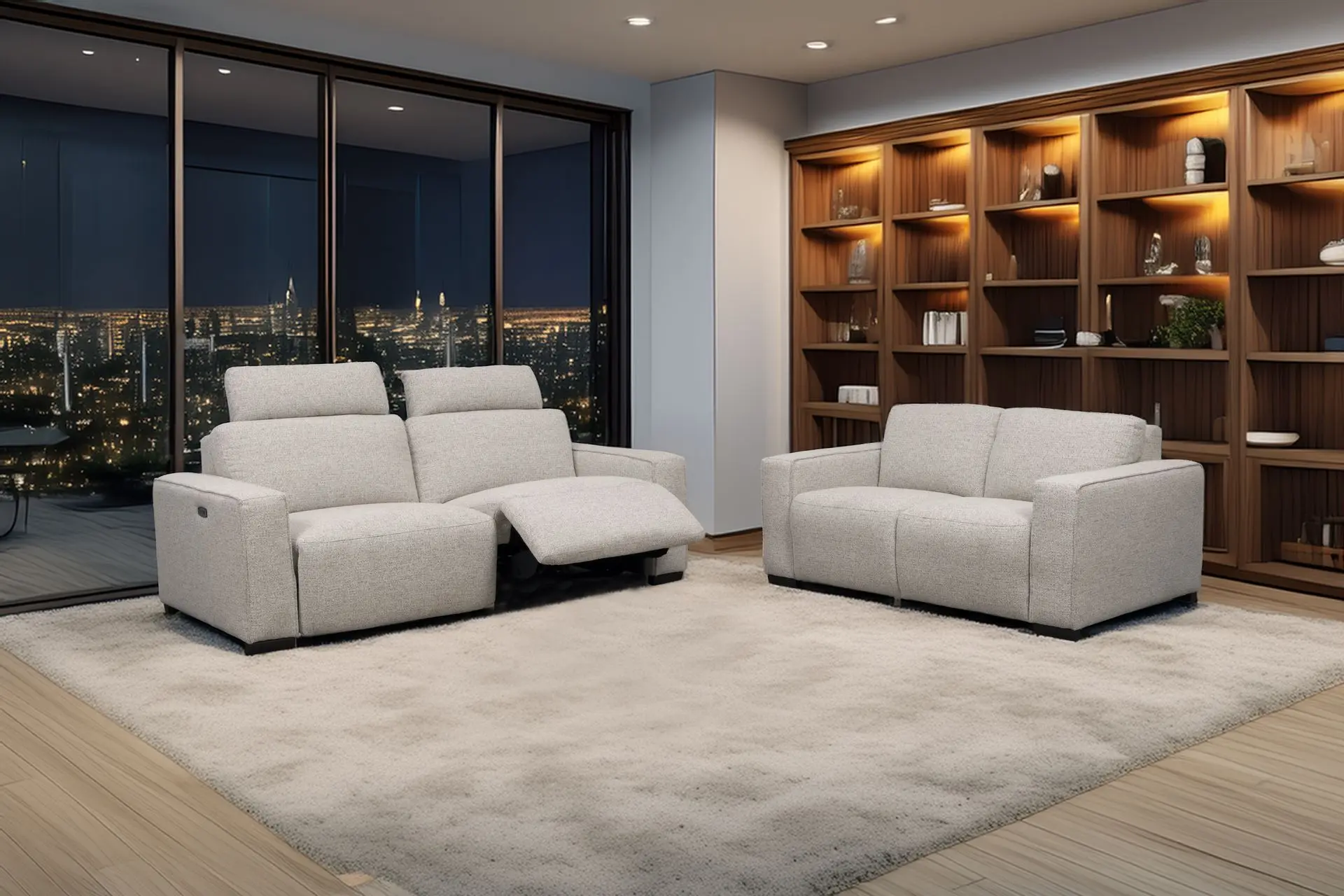 salon 3+2 en tissu beige avec relax électriques chez Décosalon