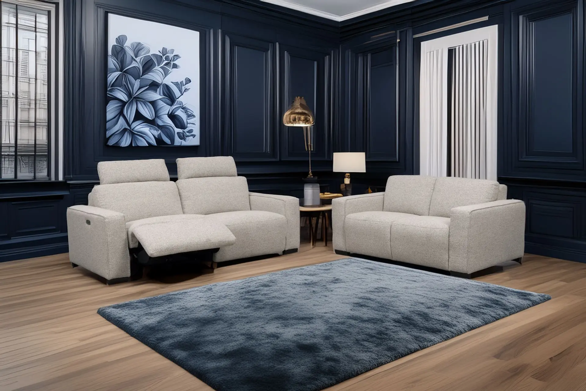 salon 3+2 en tissu beige avec relax électriques chez Décosalon