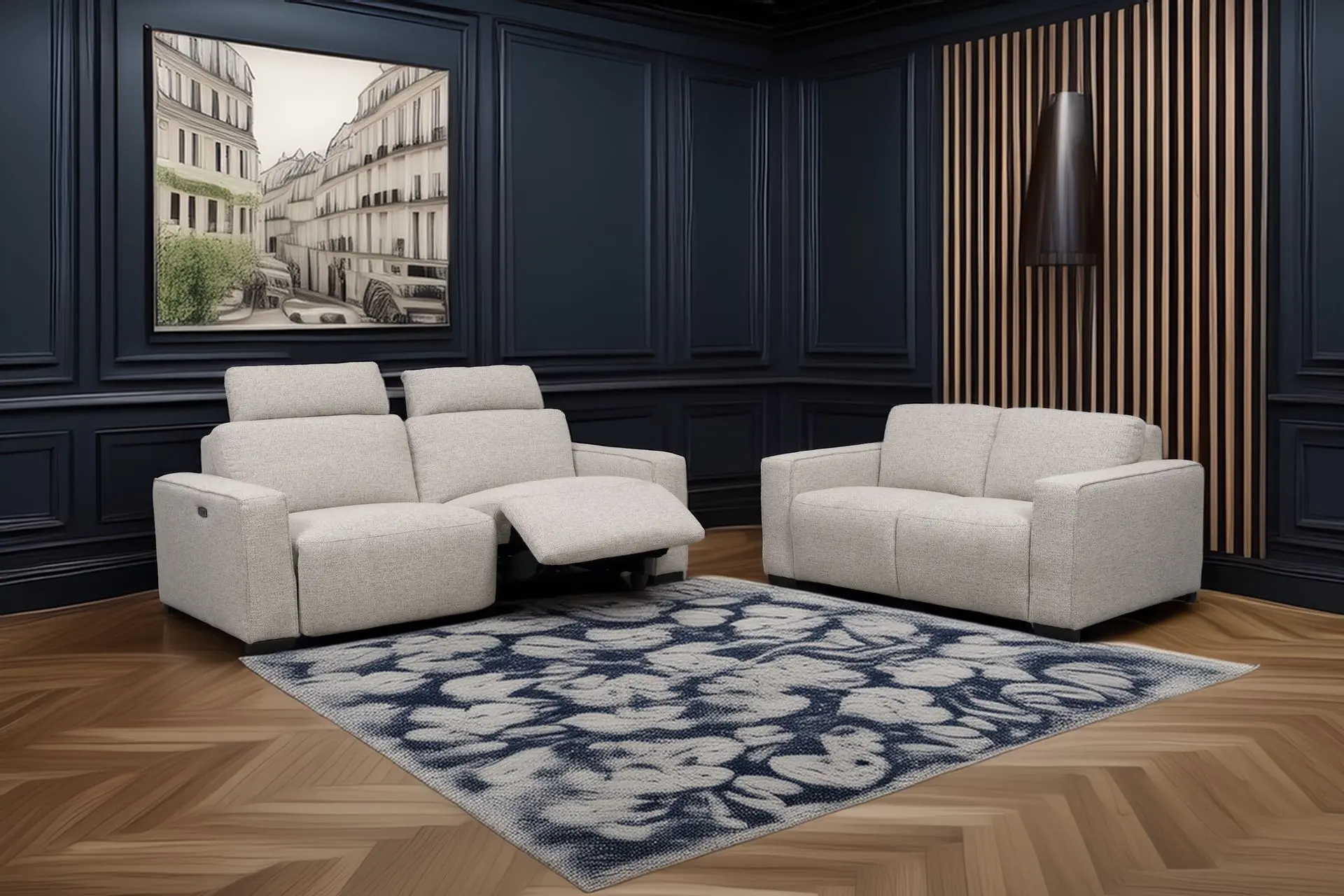 salon 3+2 en tissu beige avec relax électriques chez Décosalon.