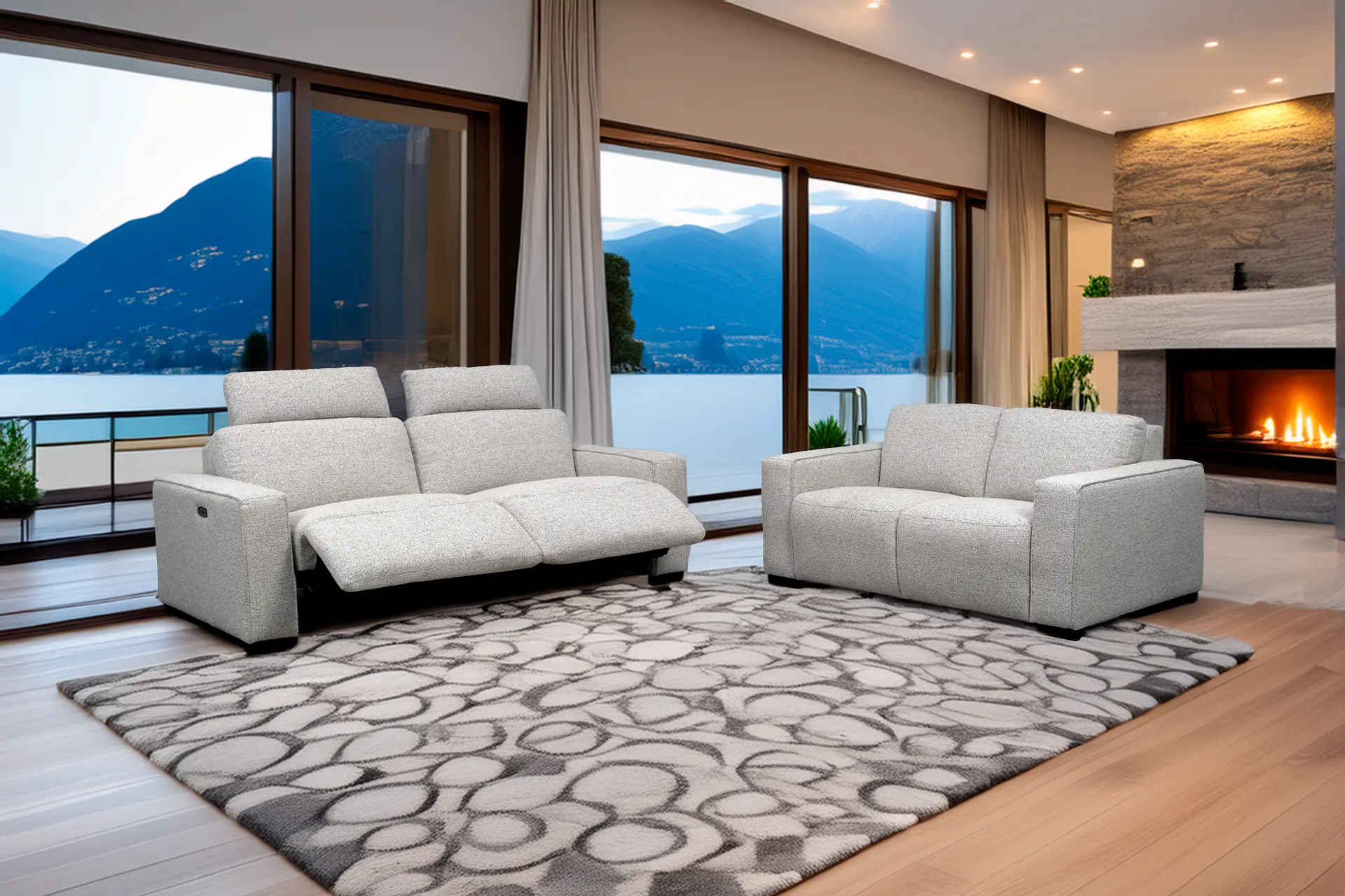 salon 3+2 en tissu beige avec relax électriques chez Décosalon