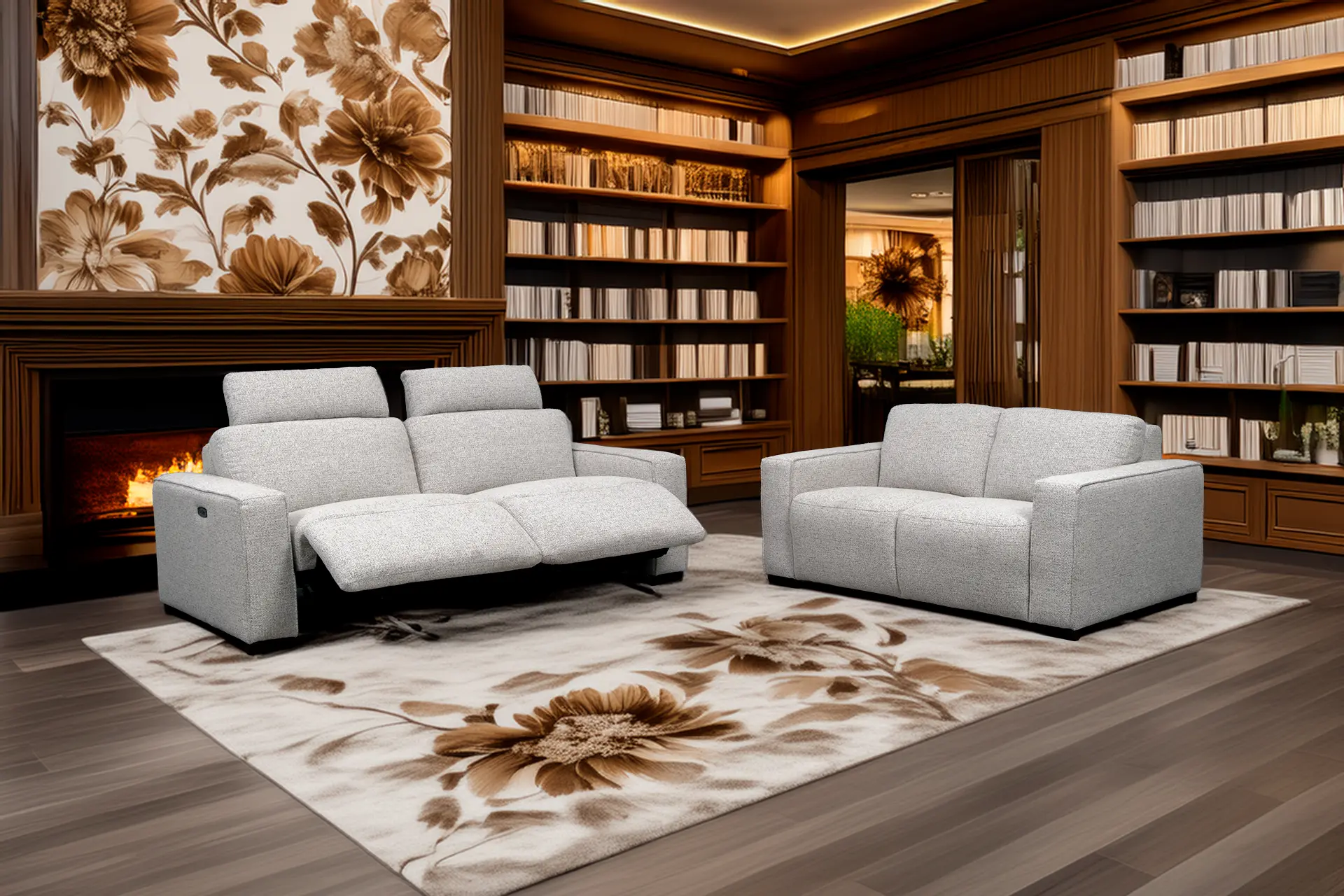 salon 3+2 en tissu beige avec relax électriques chez Décosalon