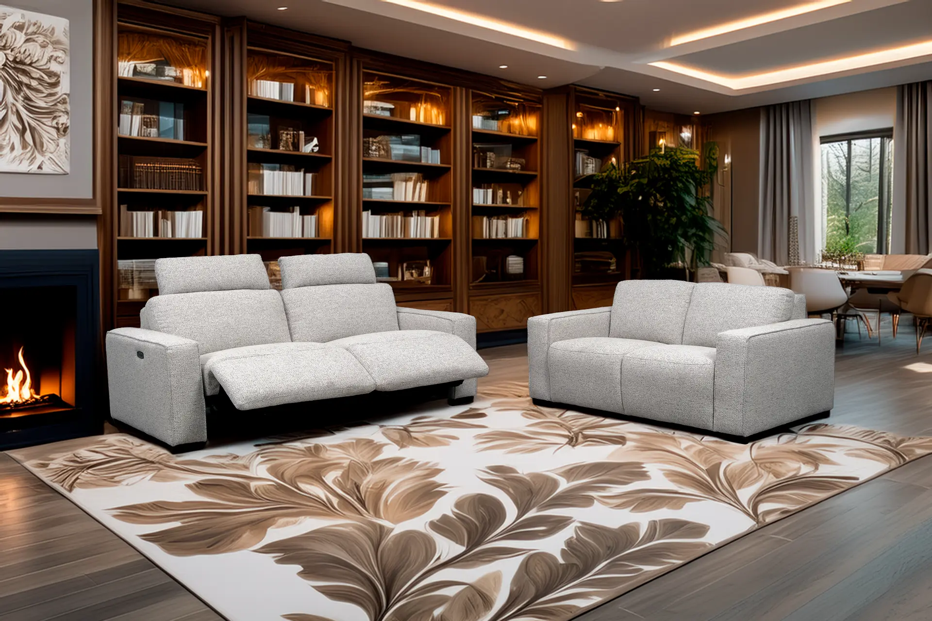 salon 3+2 en tissu beige avec relax électriques chez Décosalon