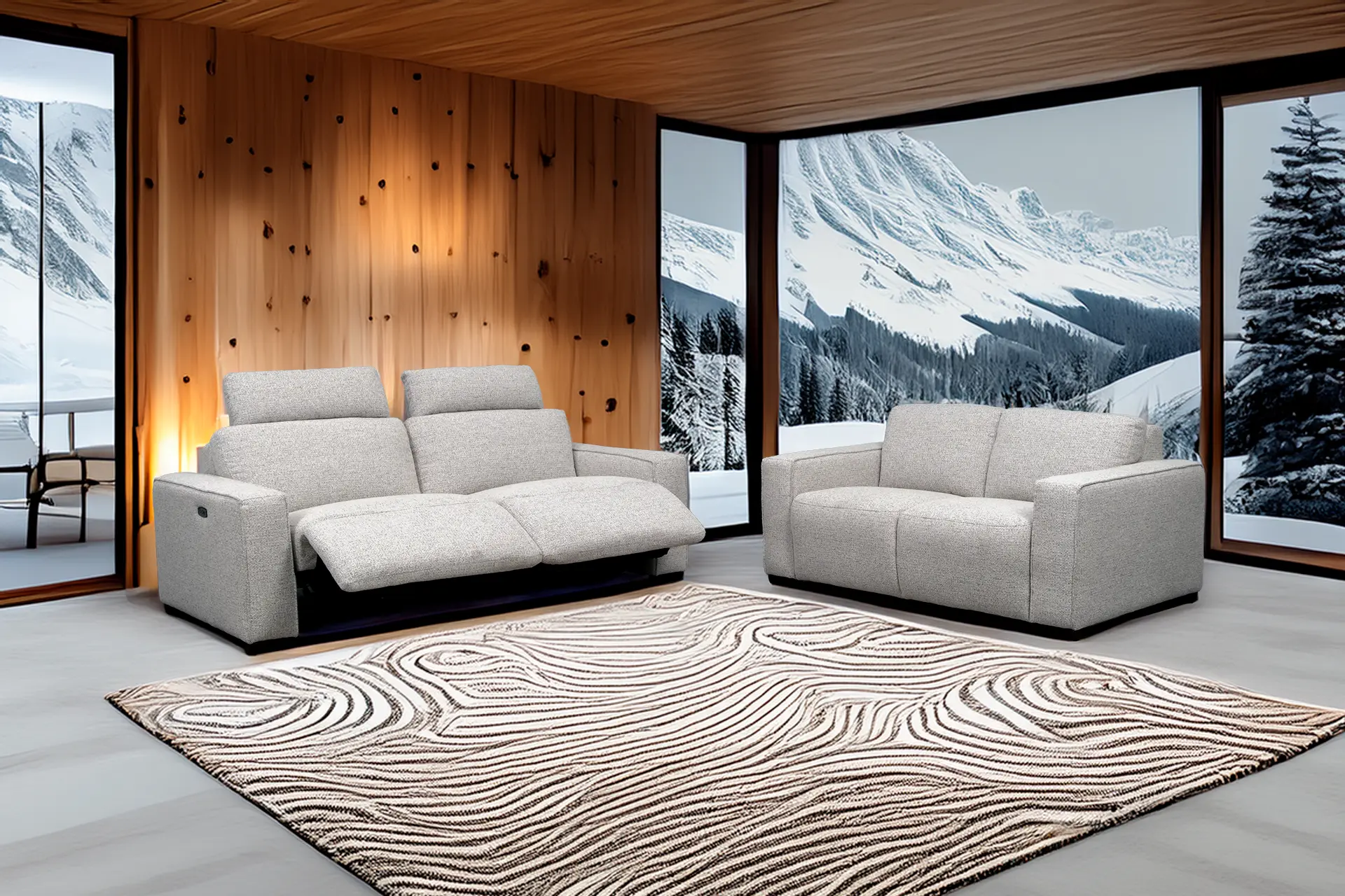 salon 3+2 en tissu beige avec relax électriques chez Décosalon