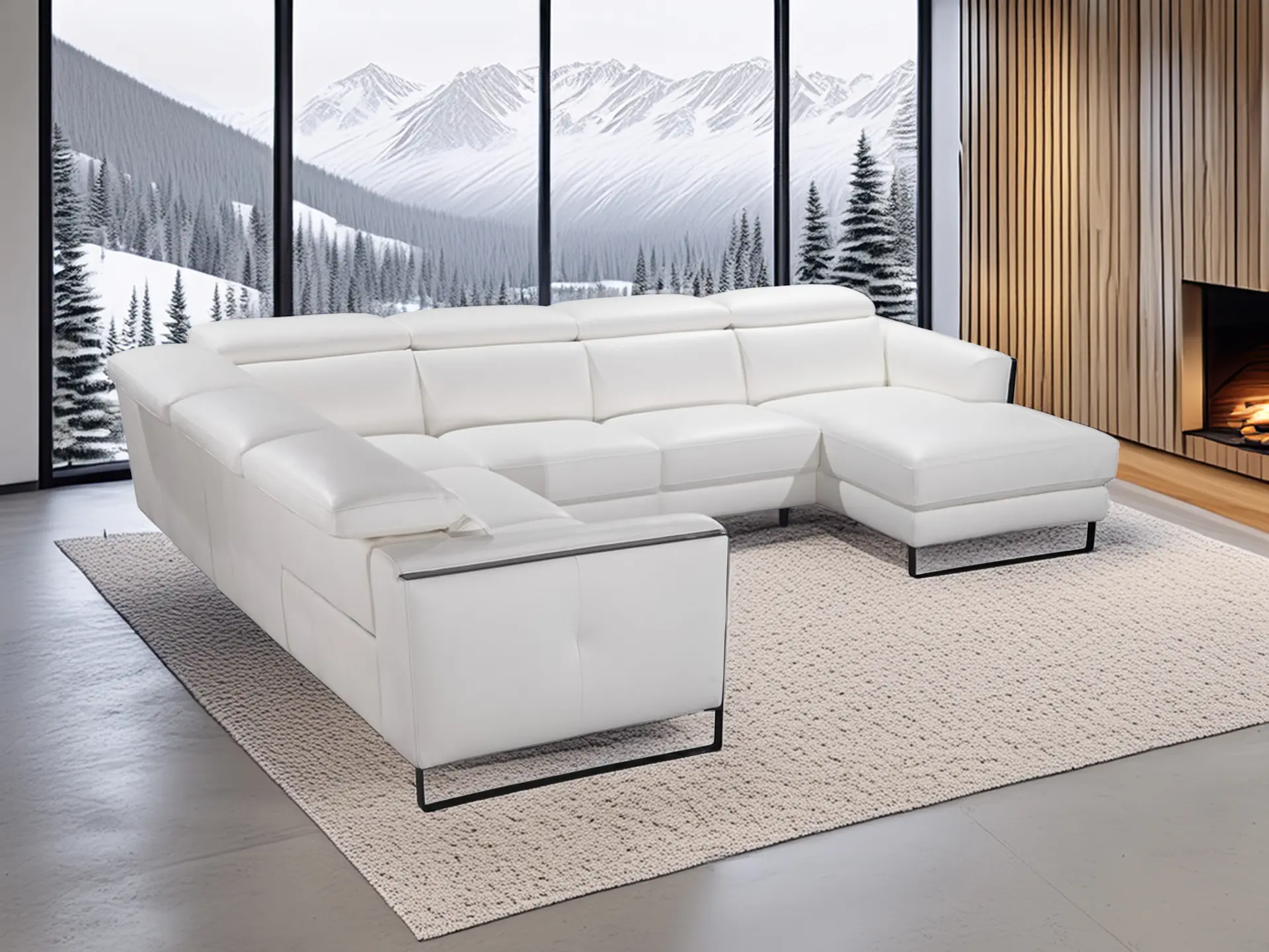 Salon en angle en cuir blanc.