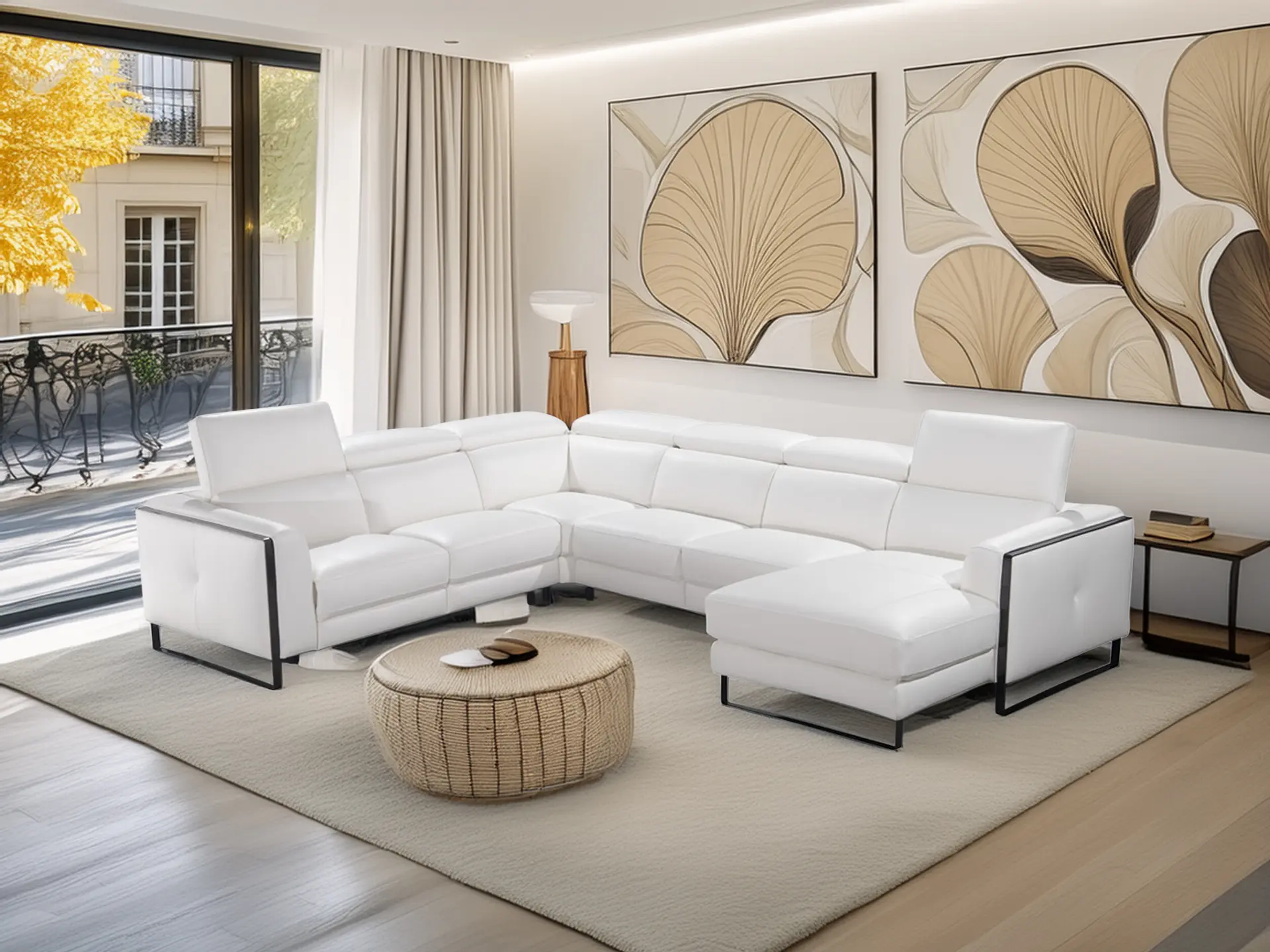 Salon en angle en cuir blanc.