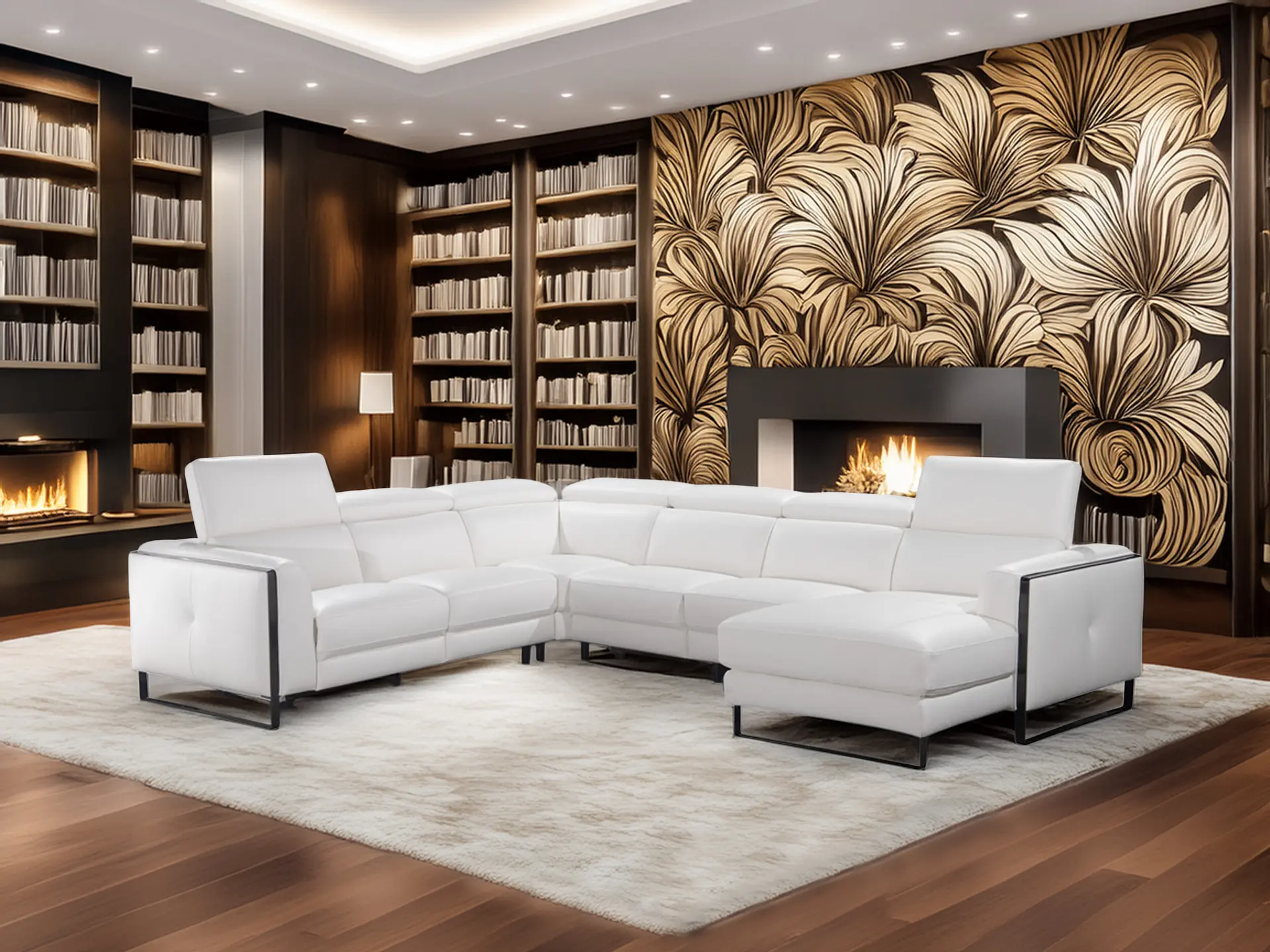 Salon en angle en cuir blanc.