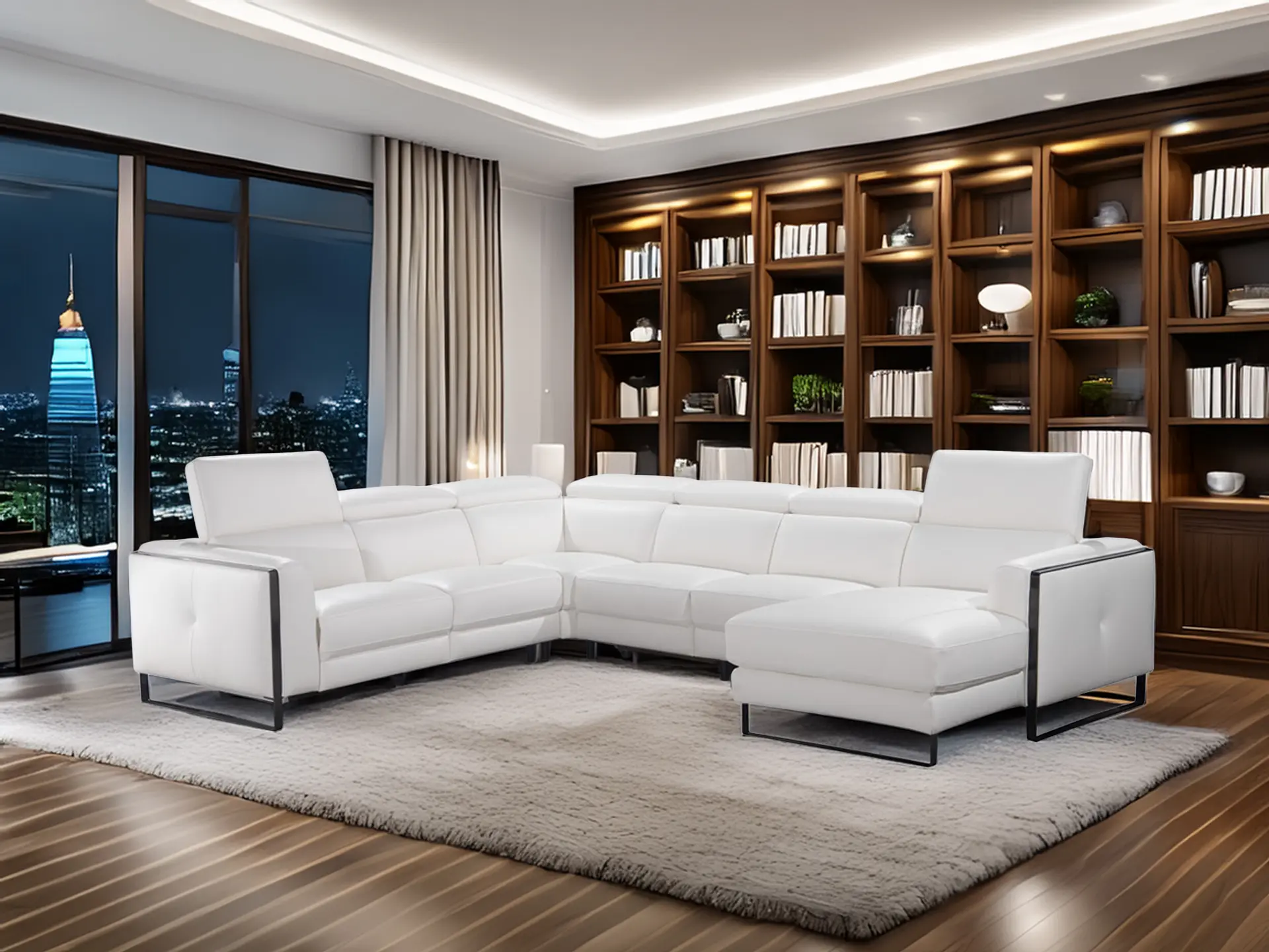 Salon en angle en cuir blanc.