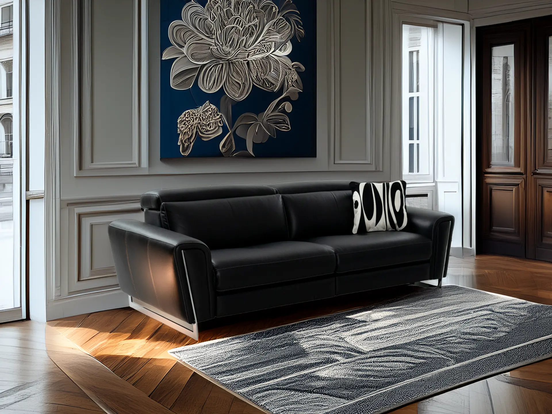 Canape contemporain en cuir noir Victoria chez Décosalon