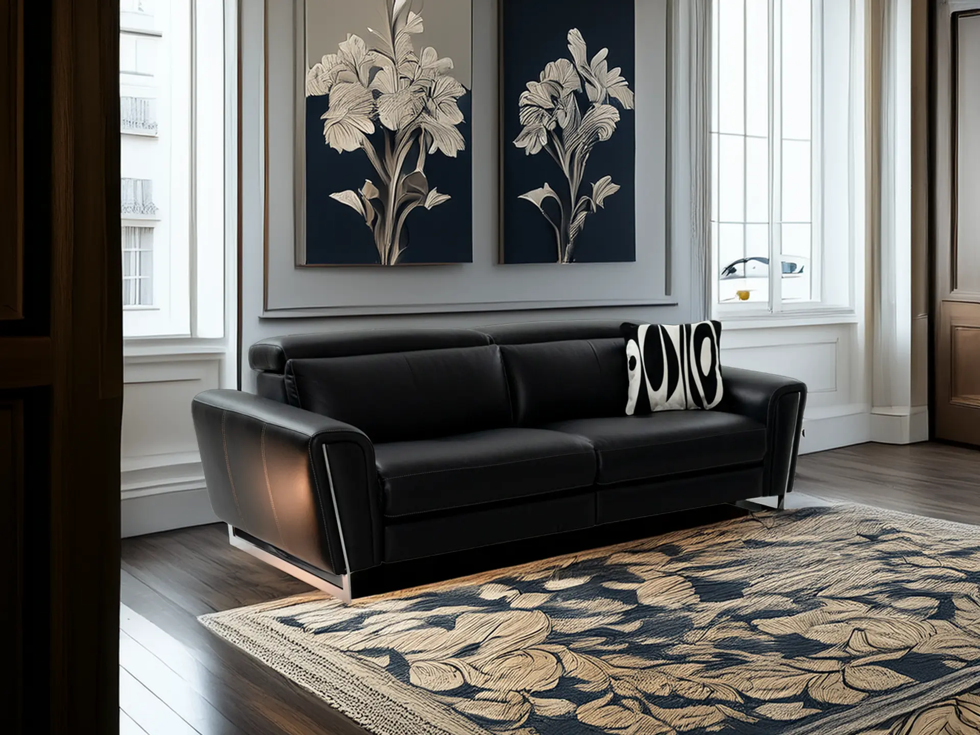 Canape contemporain en cuir noir Victoria chez Décosalon