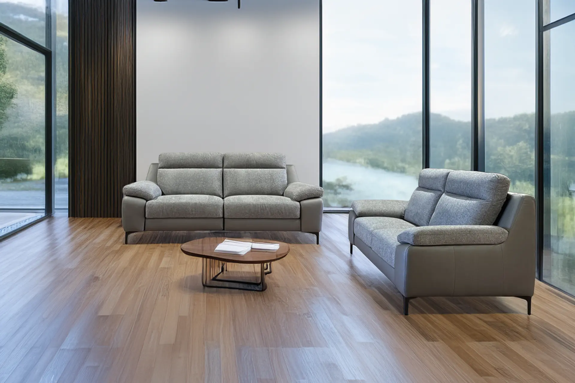Salon 3+2 cuir et tissu gris