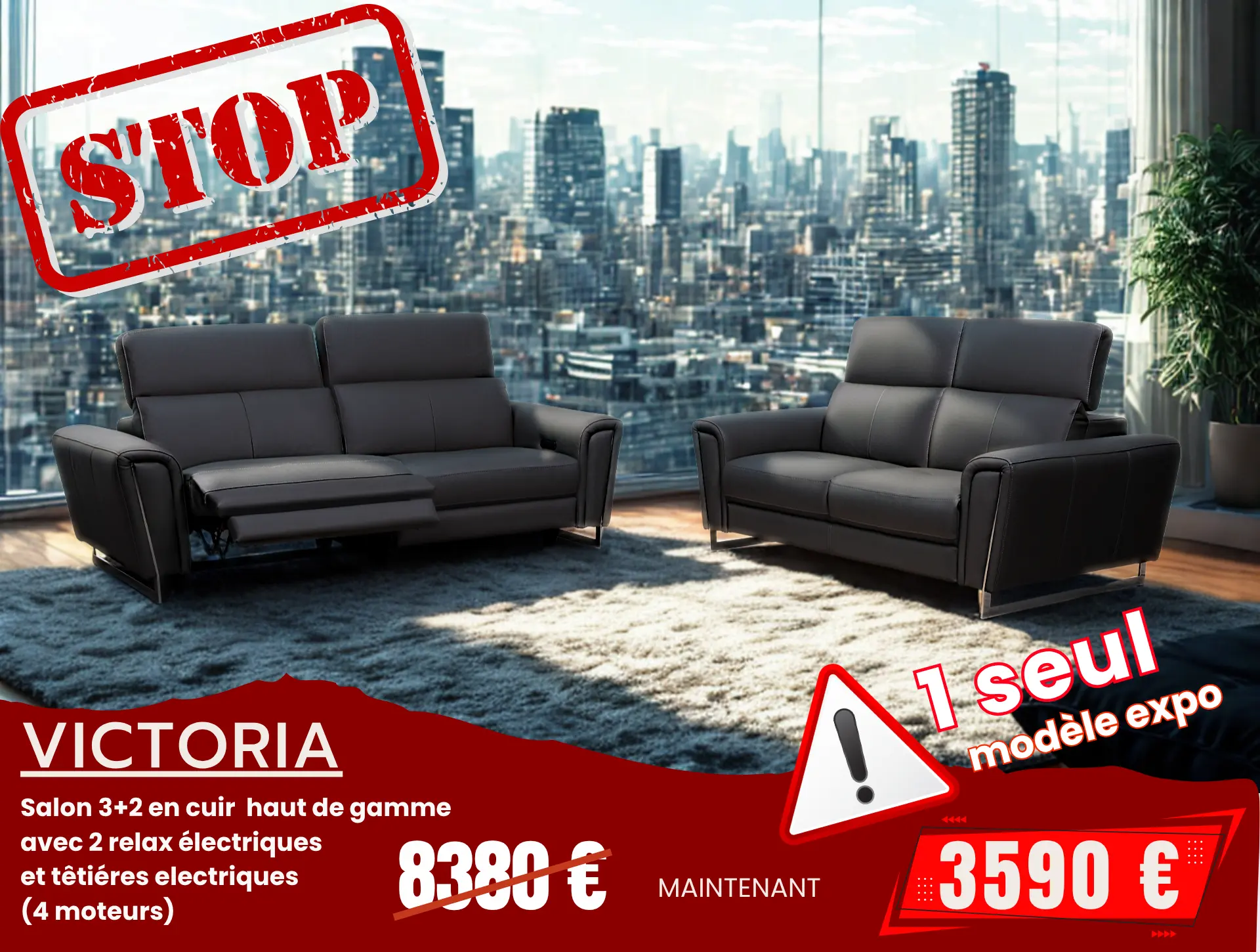Salon contemporain 3+2 en cuir gris