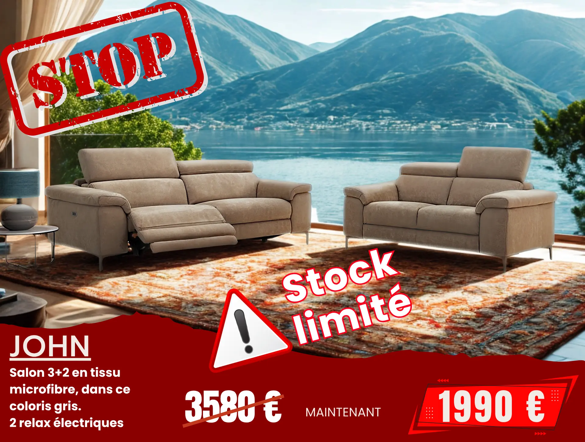 salon 3+2 e n tissu avec 2 relax gris