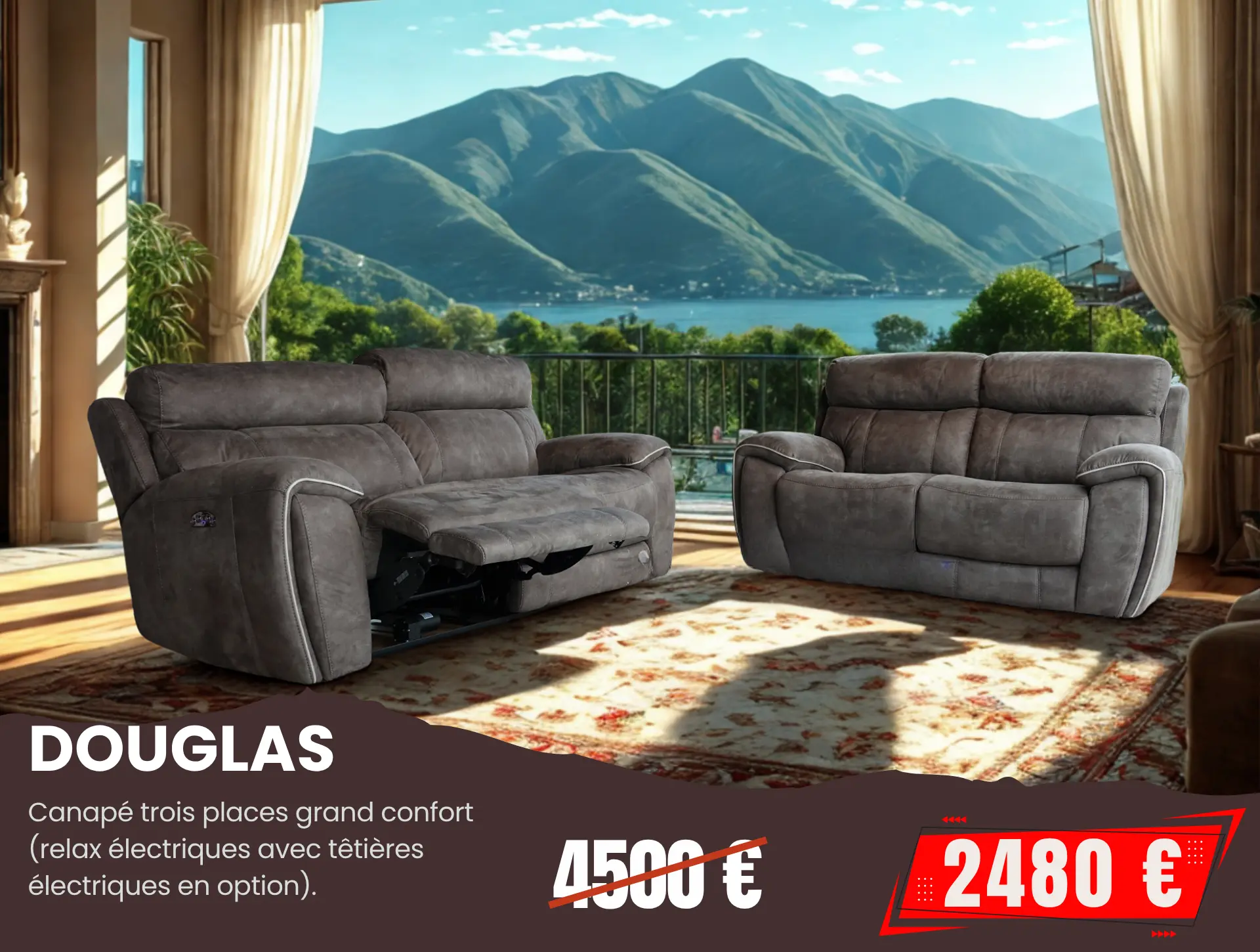 salon 3+2 en tissu gris avec relax en promo