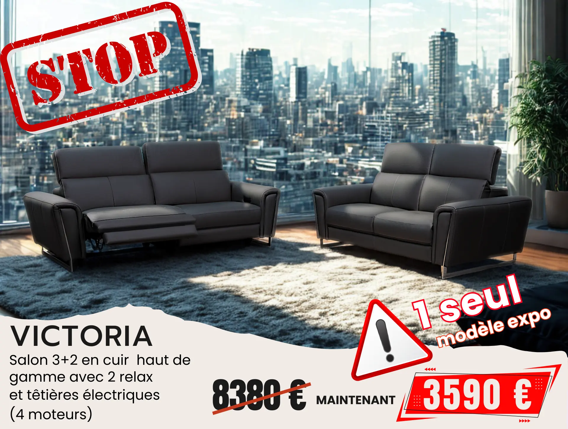 Salon 3+2 en cuir gris