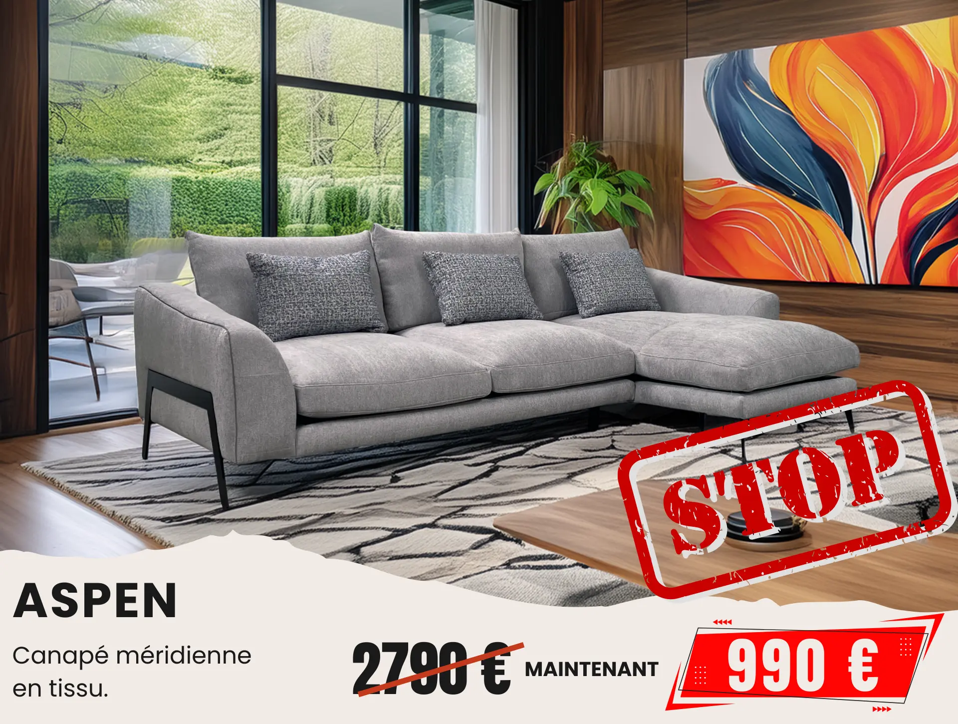 Canapé meridienne en tissu gris