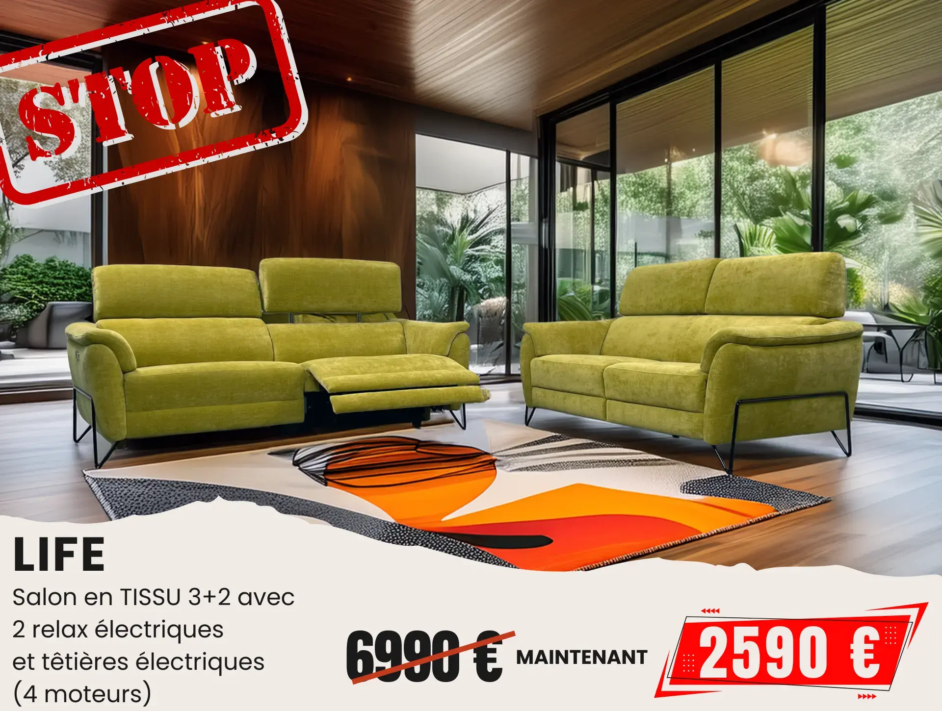 salon 3+2 tissu vert