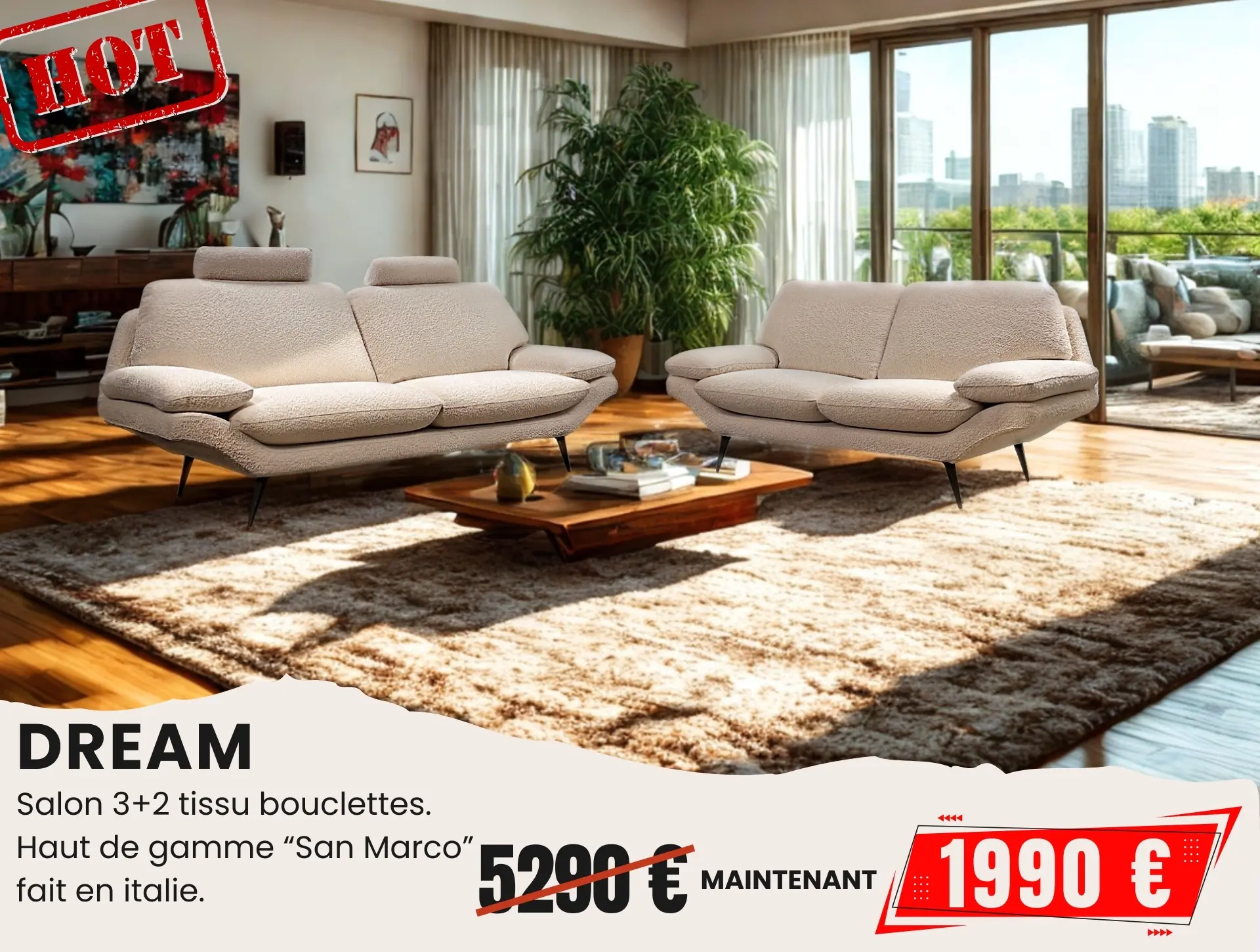 salon 3+2 tissu blanc