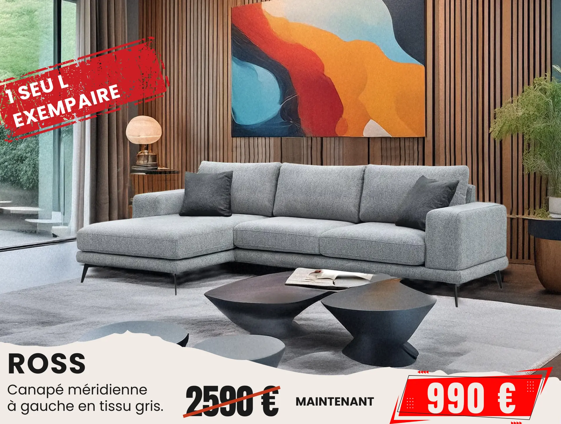 Canapé meridienne en tissu gris
