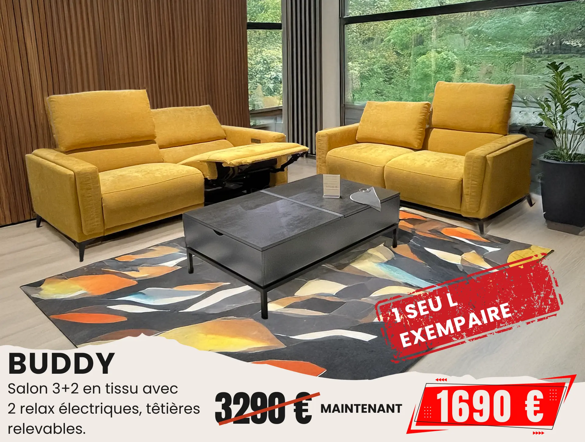 salon 3+2 tissu jaune