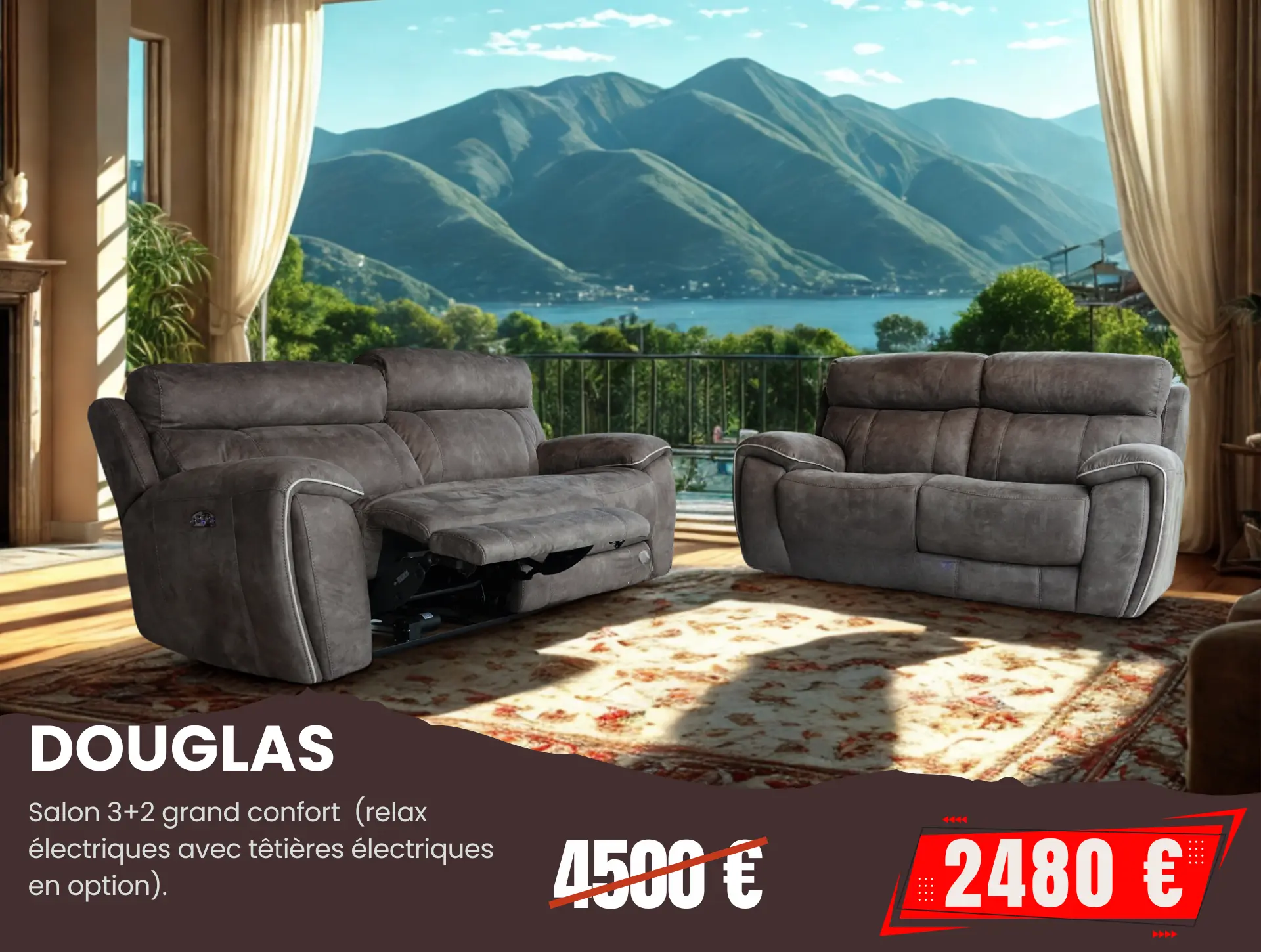salon 3+2 en tissu gris relaxation