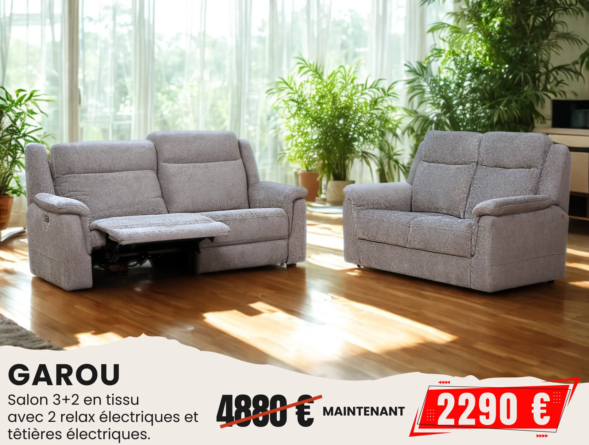 Salon 3+2 en issu gris claair avec relax;
