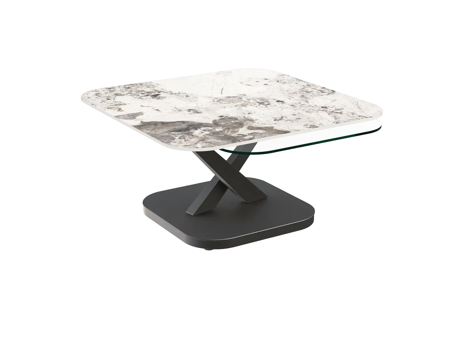 Envie d’une table basse chic et originale ? Marbella est faite pour vous. Son double plateau va vous séduire. Cette forme carrée, assortie à la base du piètement fait de table un indispensable de décoration. Haute de 40 cm, elle possède un plateau supérieur en céramique Titane et un plateau inférieur en verre trempé. Ils sont mobiles et vous permettent d’augmenter la longueur de votre table. Le piètement est en acier laqué noir mat et se compose d’une base carrée et de deux pieds qui se déplacent en fonction du mouvement des plateaux.