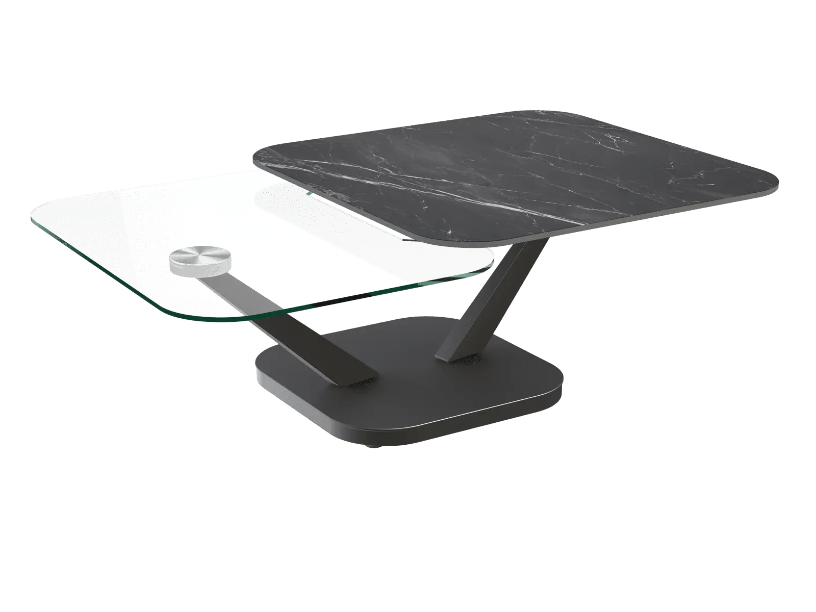 Envie d’une table basse chic et originale ? Marbella est faite pour vous. Son double plateau va vous séduire. Cette forme carrée, assortie à la base du piètement fait de table un indispensable de décoration. Haute de 40 cm, elle possède un plateau supérieur en céramique Titane et un plateau inférieur en verre trempé. Ils sont mobiles et vous permettent d’augmenter la longueur de votre table. Le piètement est en acier laqué noir mat et se compose d’une base carrée et de deux pieds qui se déplacent en fonction du mouvement des plateaux.