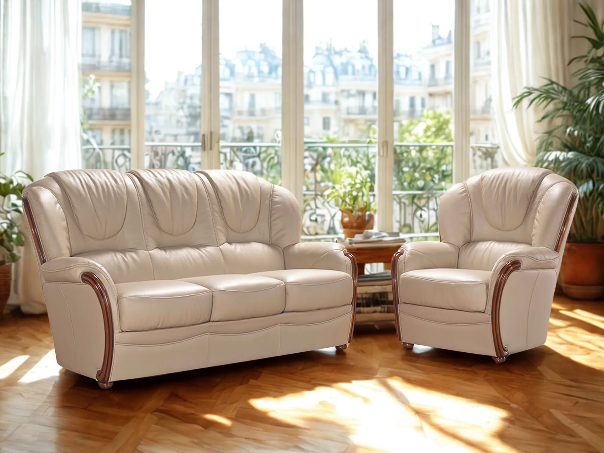 Canapé et fauteuil classique à fine boiserie en cuir Décosalon