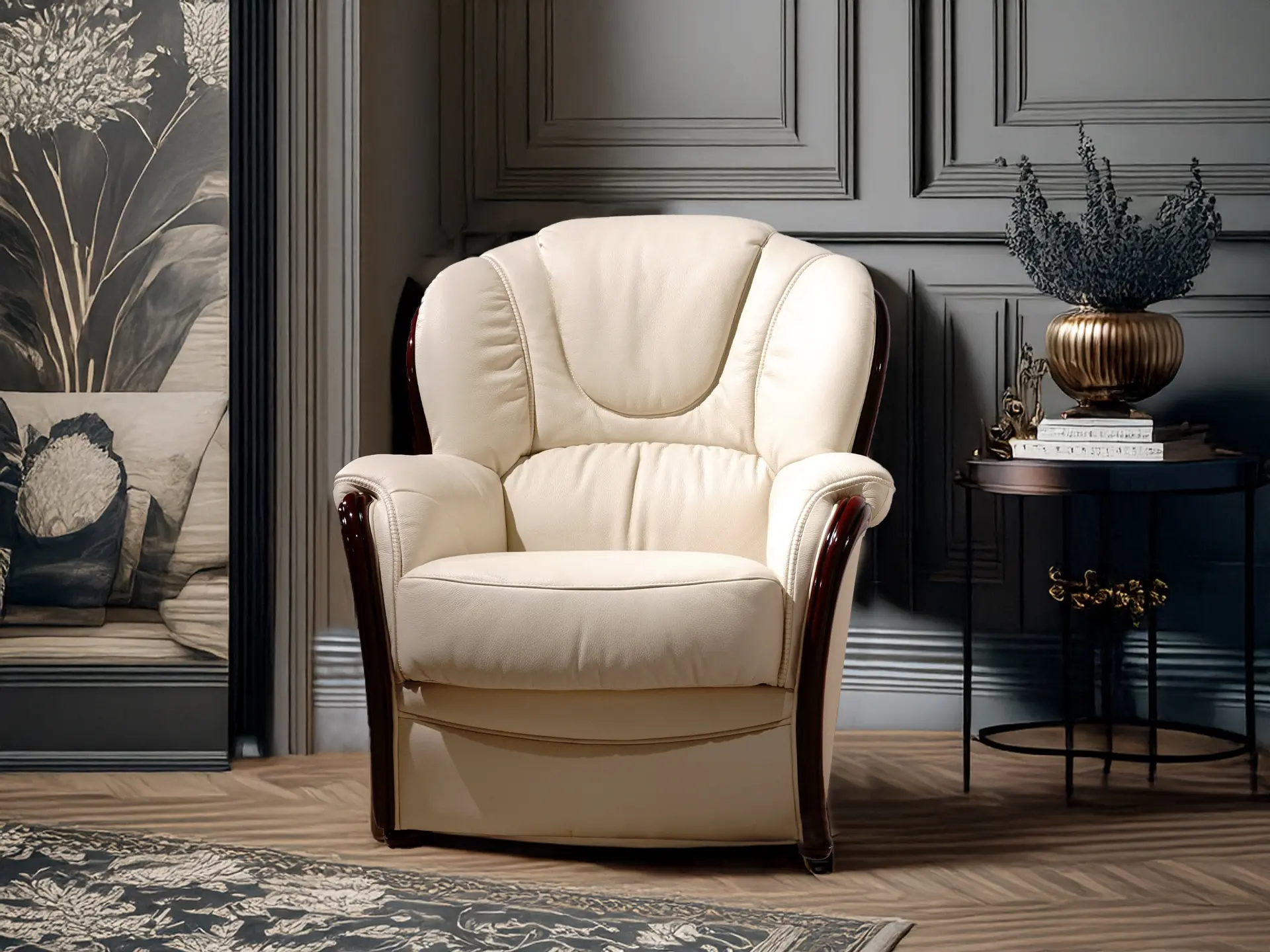fauteuil classique à fine boiserie en cuir Décosalon