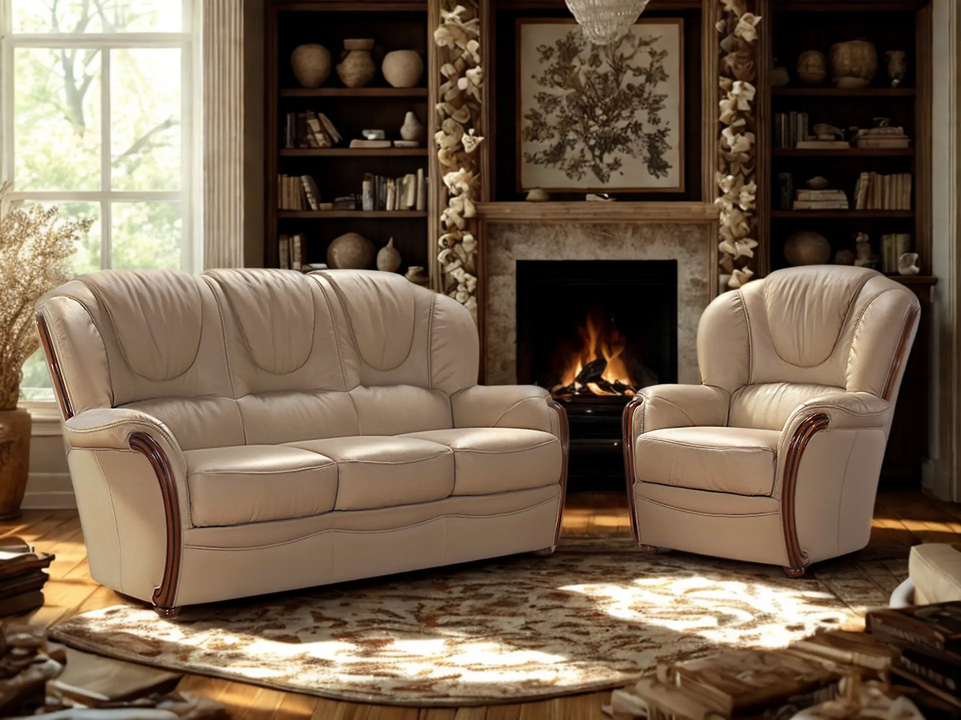 Salon stylisé cuir et boiseries chez Décosalon