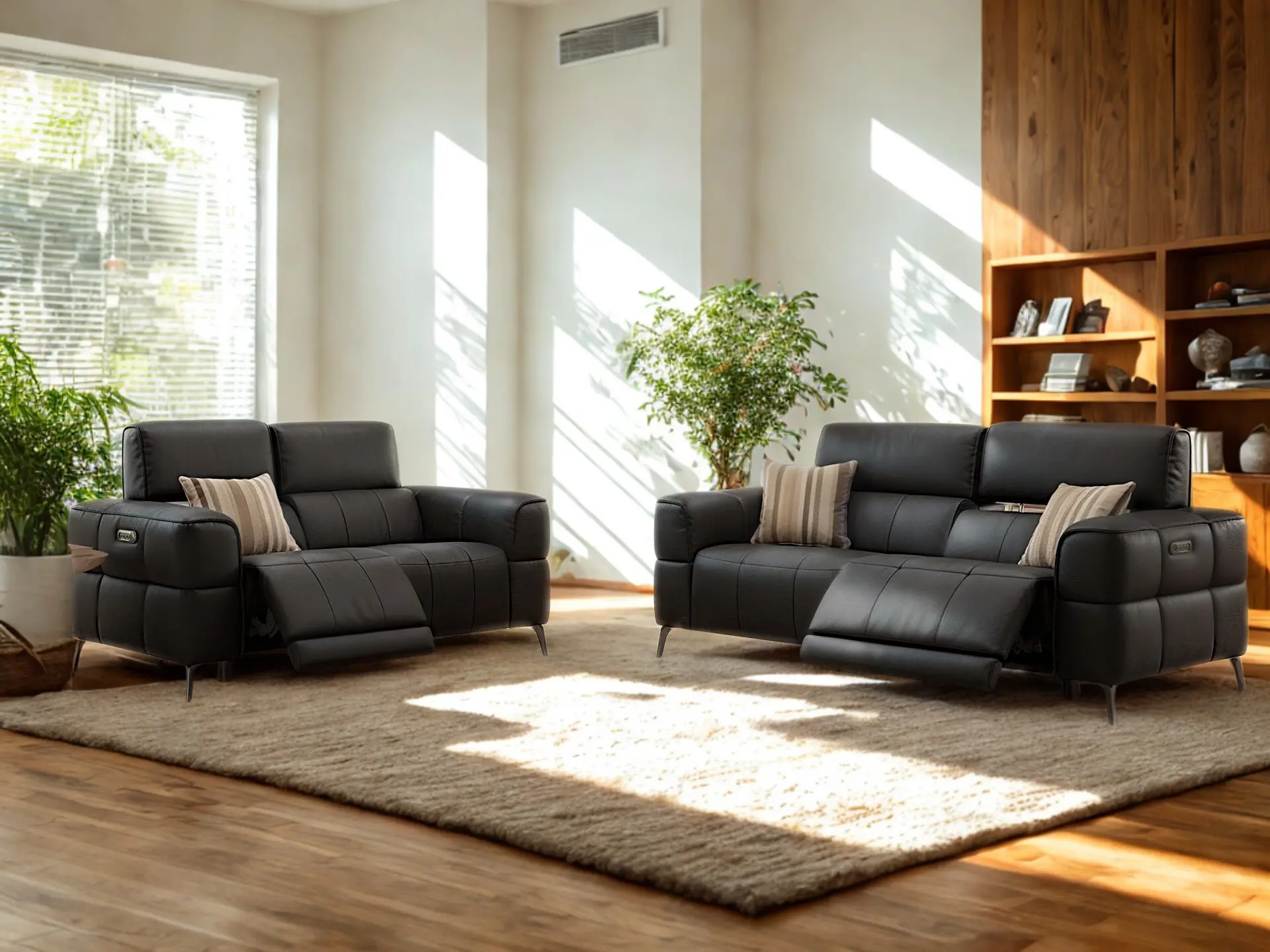 salon 3+2 en cuir noir relax en tissu gris Tango chez décosalon à Fléron.