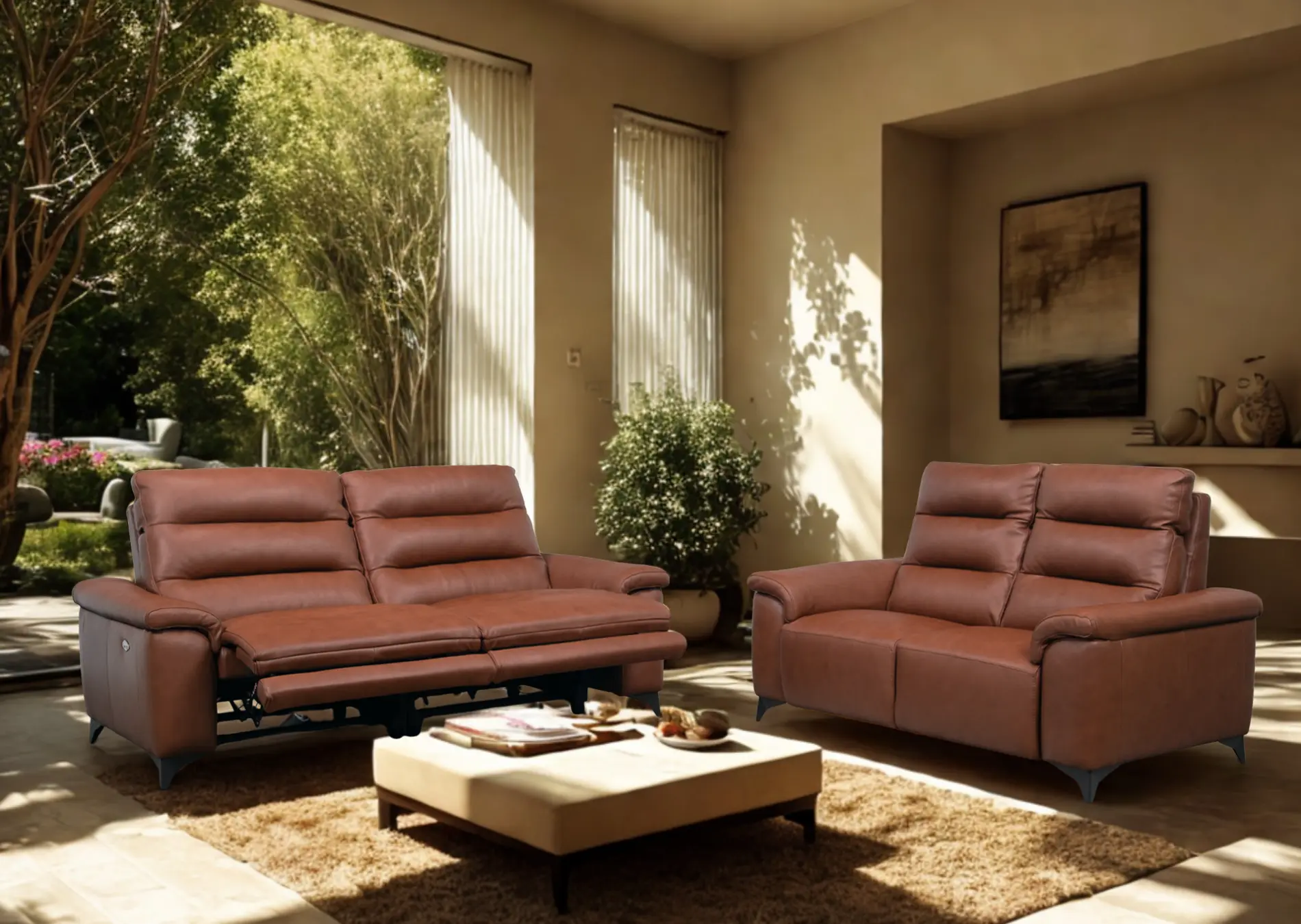 Salon 3+2 avec relax en cuir brun Vitale Décosalon