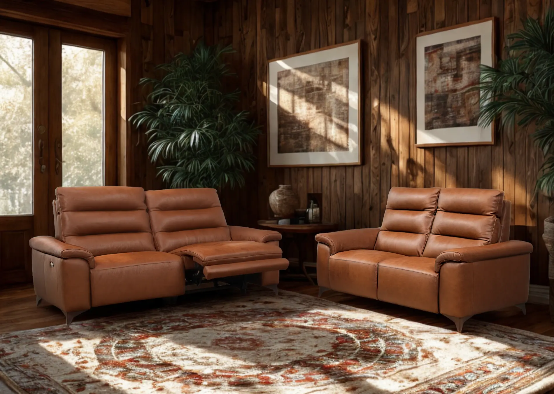 Salon 3+2 avec relax en cuir brun Vitale Décosalon