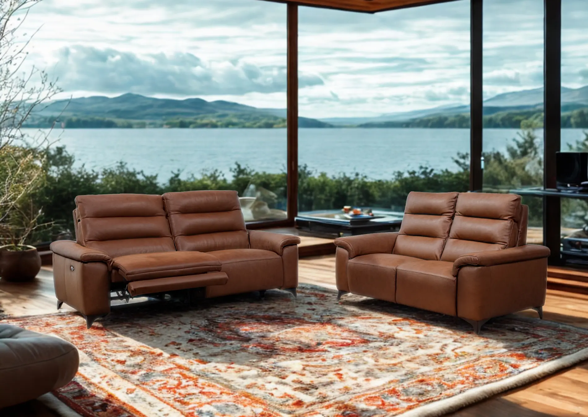 Salon 3+2 avec relax en cuir brun Vitale Décosalon