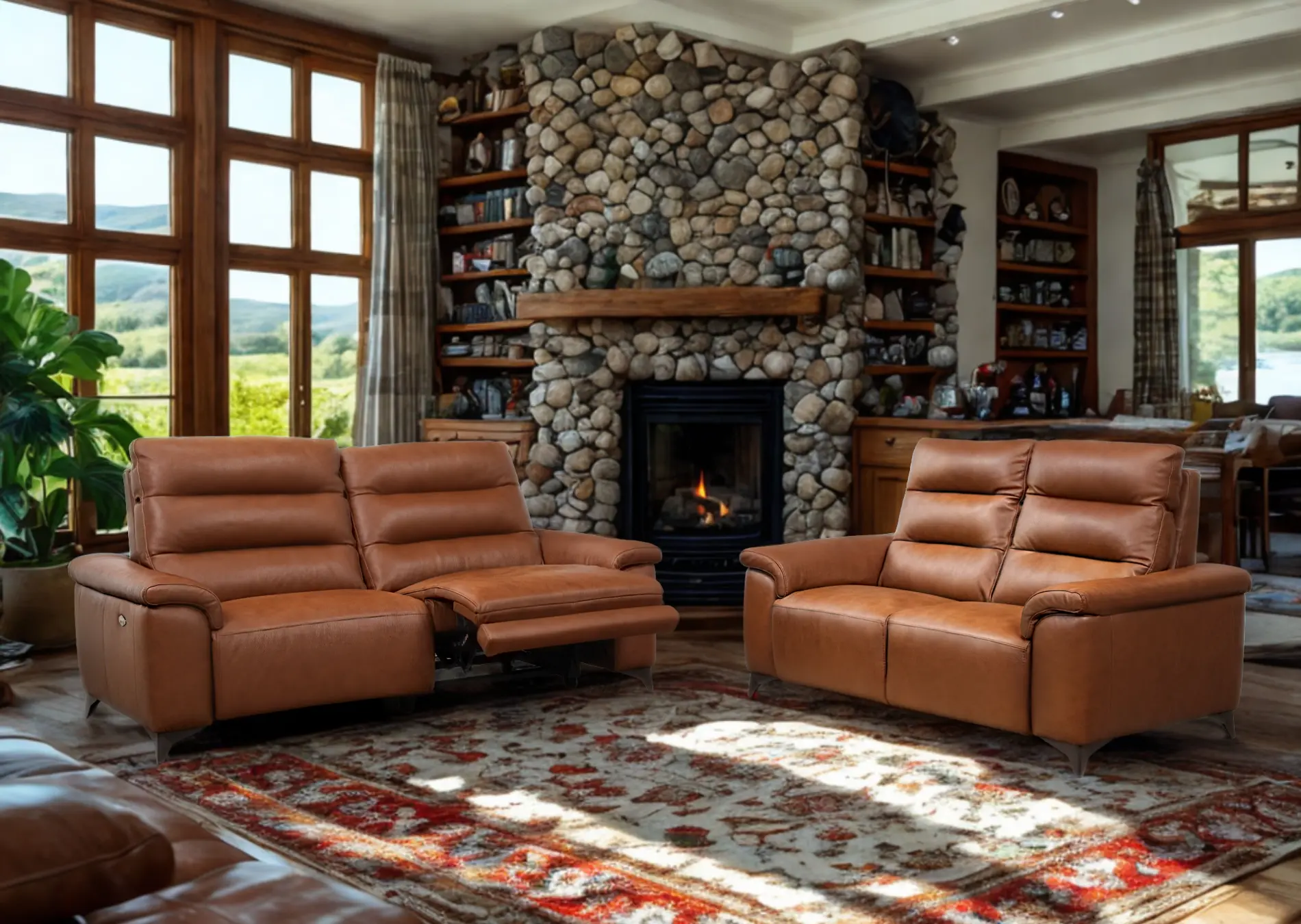 Salon 3+2 avec relax en cuir brun Vitale Décosalon