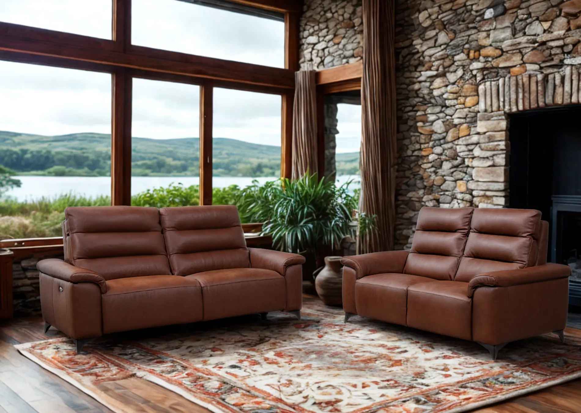 Salon 3+2 avec relax en cuir brun Vitale Décosalon