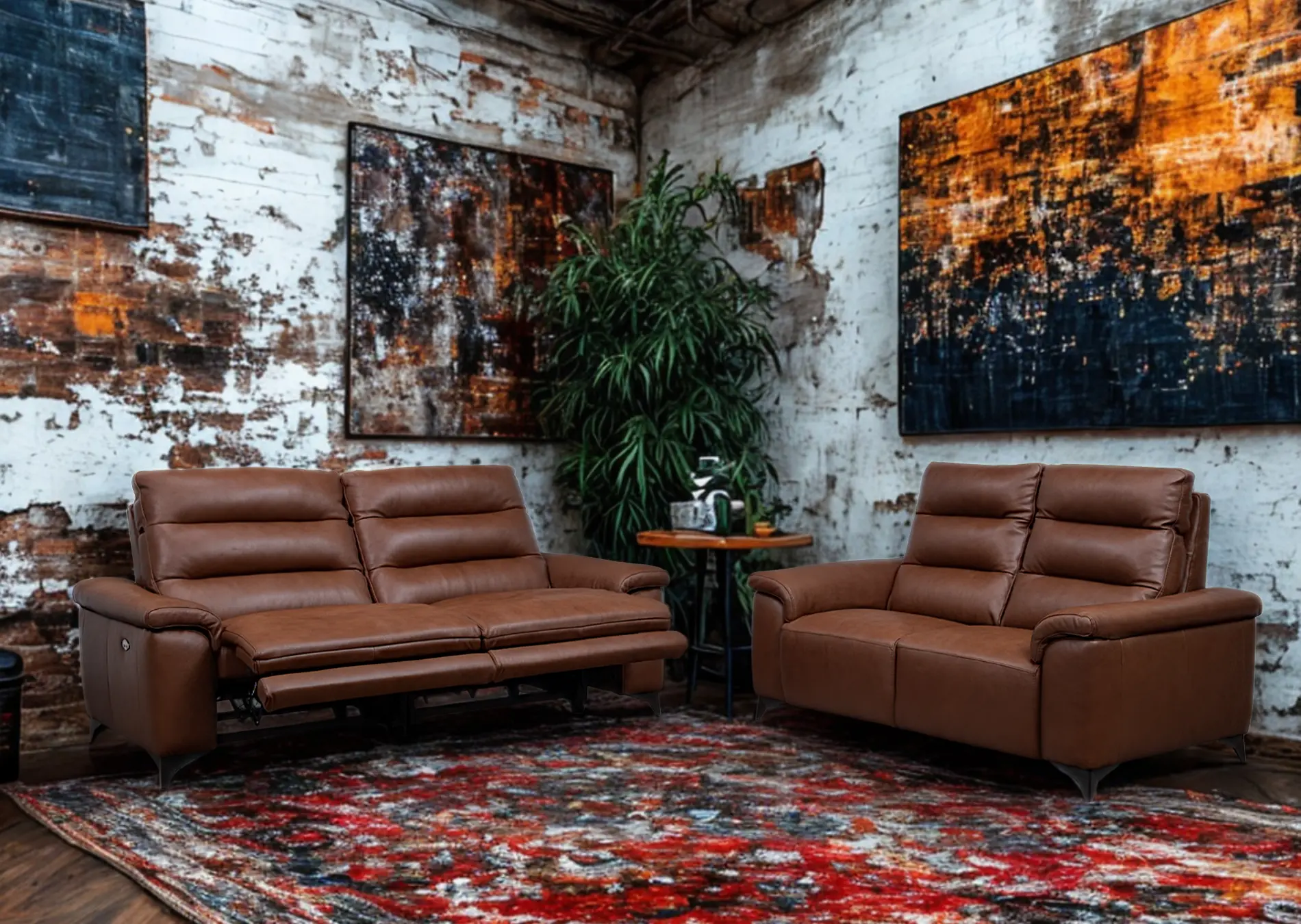 Salon 3+2 avec relax en cuir brun Vitale Décosalon
