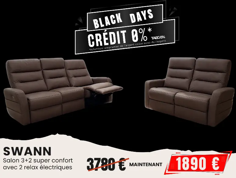 Salon 3+2 en tissu brun avec relax