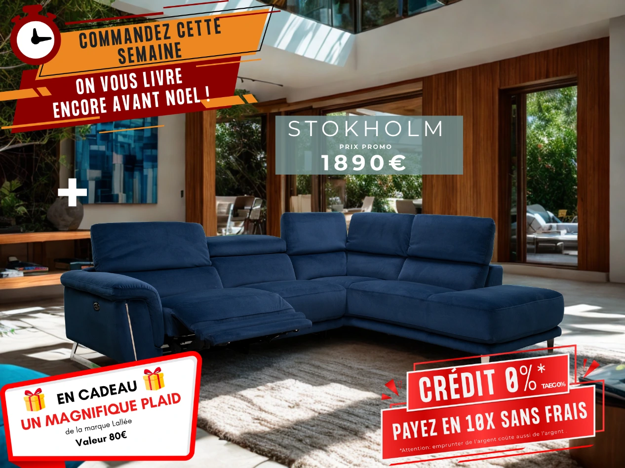 Salon angle contemporain tissu velour bleu