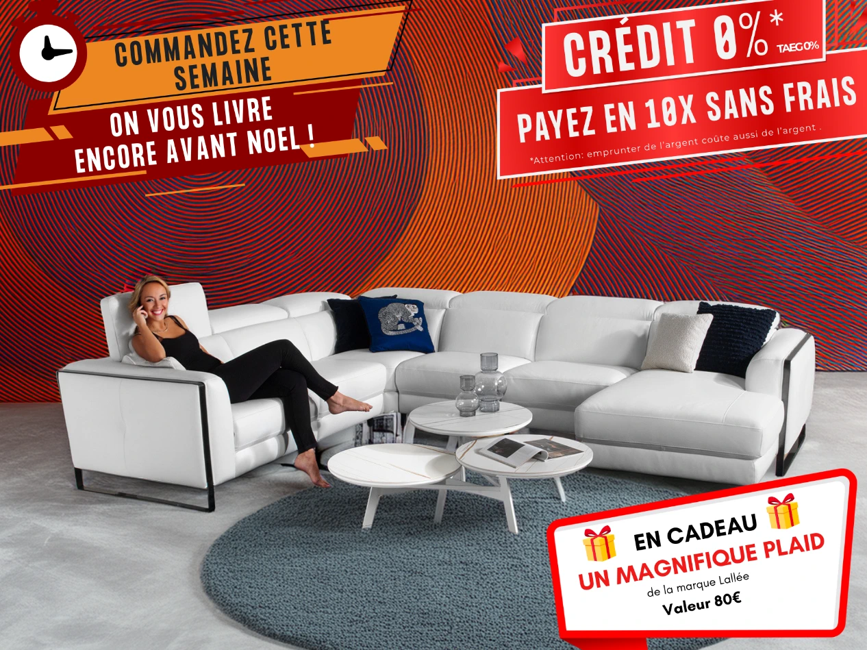 Salon contemporain angle cuir blanc