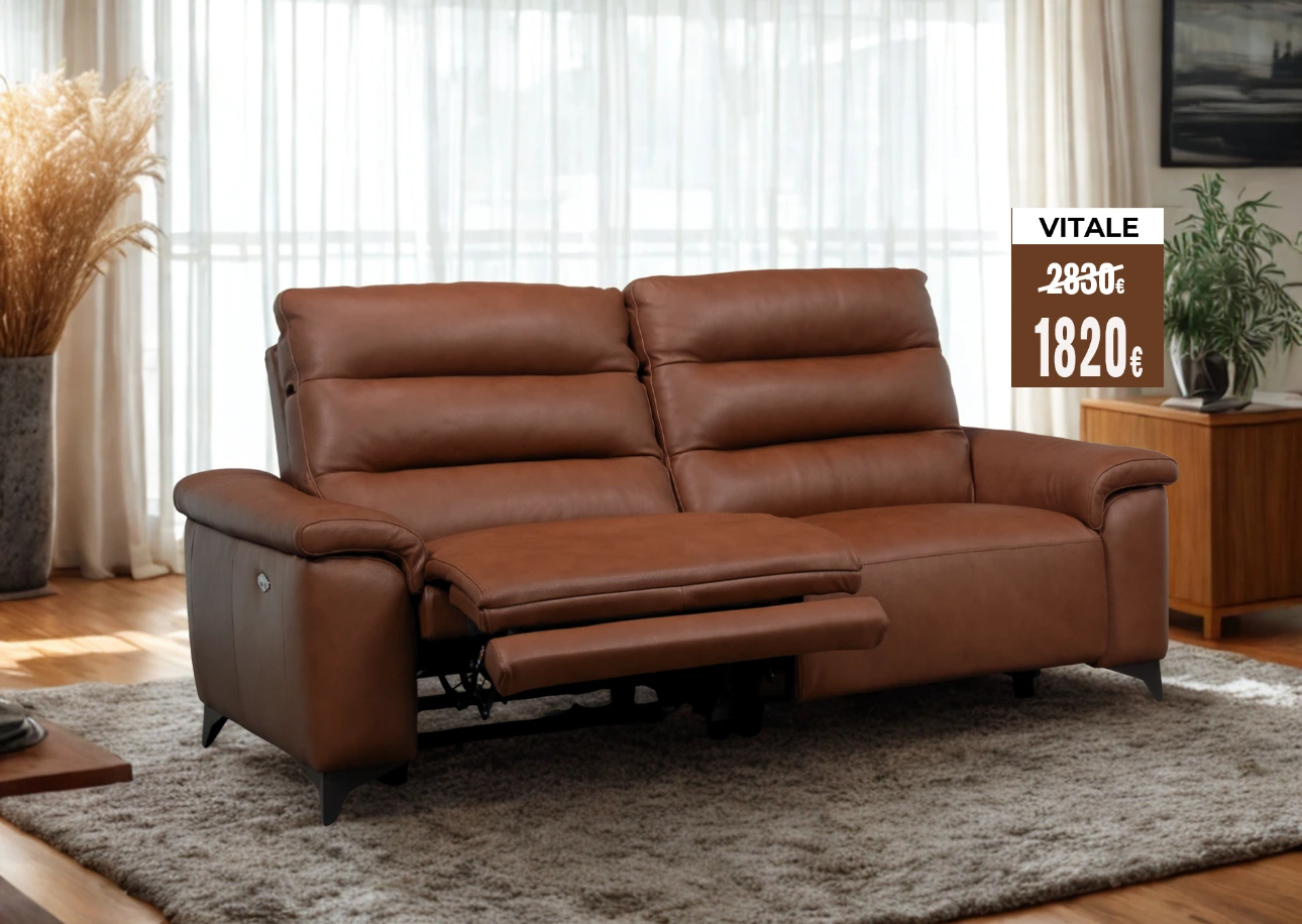 canapé  en cuir camel avec relax électrique