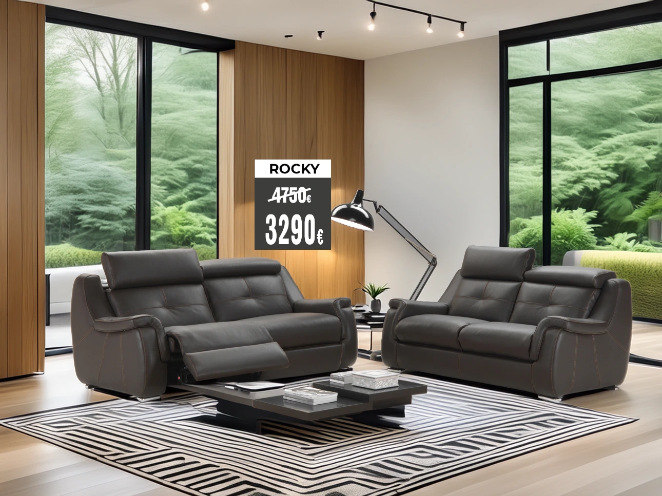 salon 3+2 en cuir brun et relax