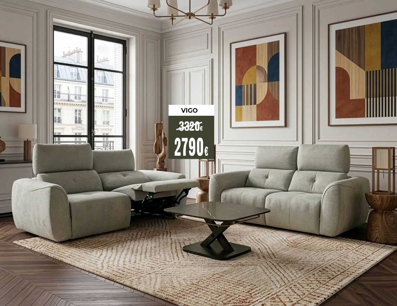 salon 3+2 relax 0G têtières électriques en tissu vert