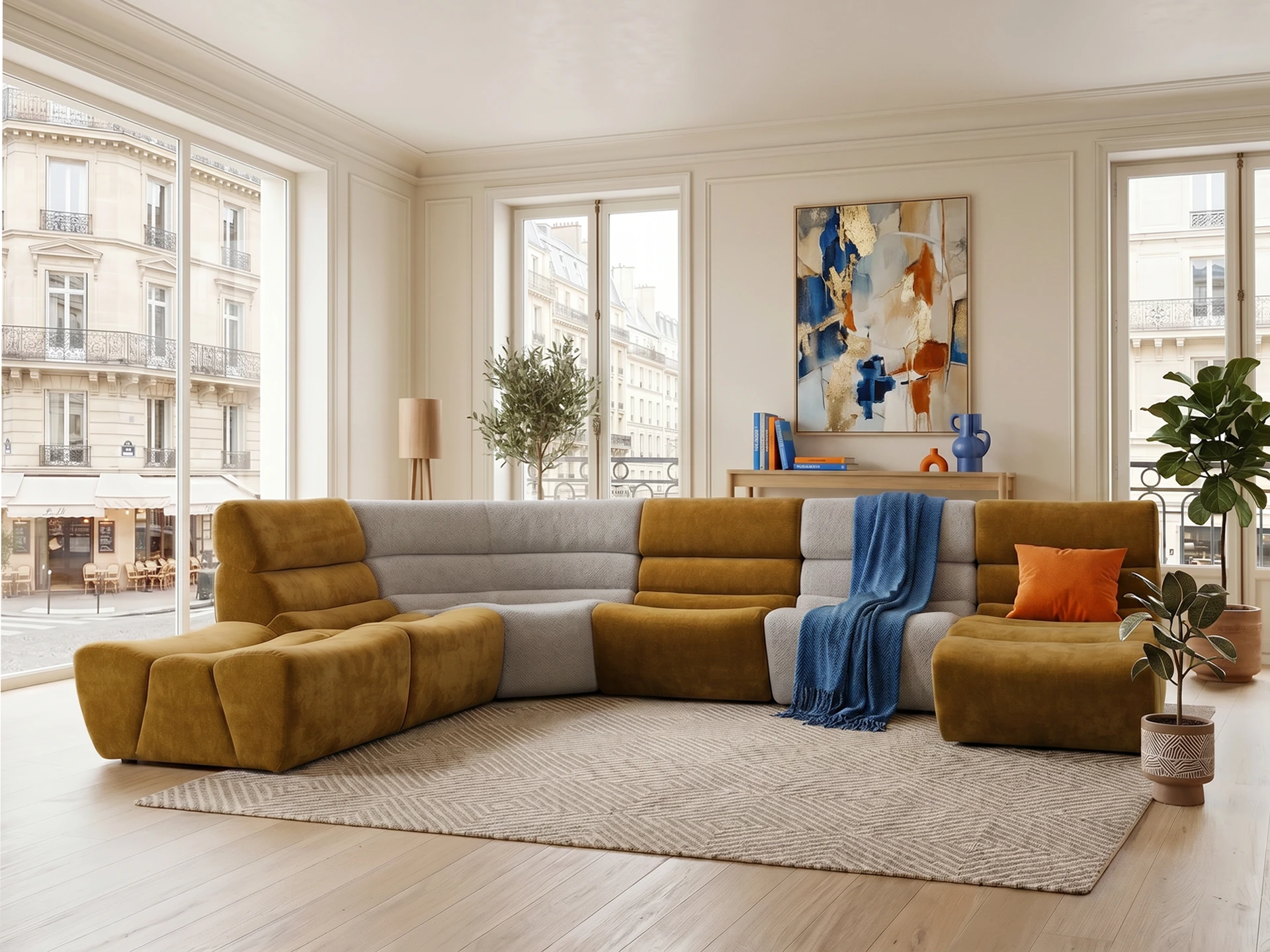 Canapé modulaire en tissu gris et jaune