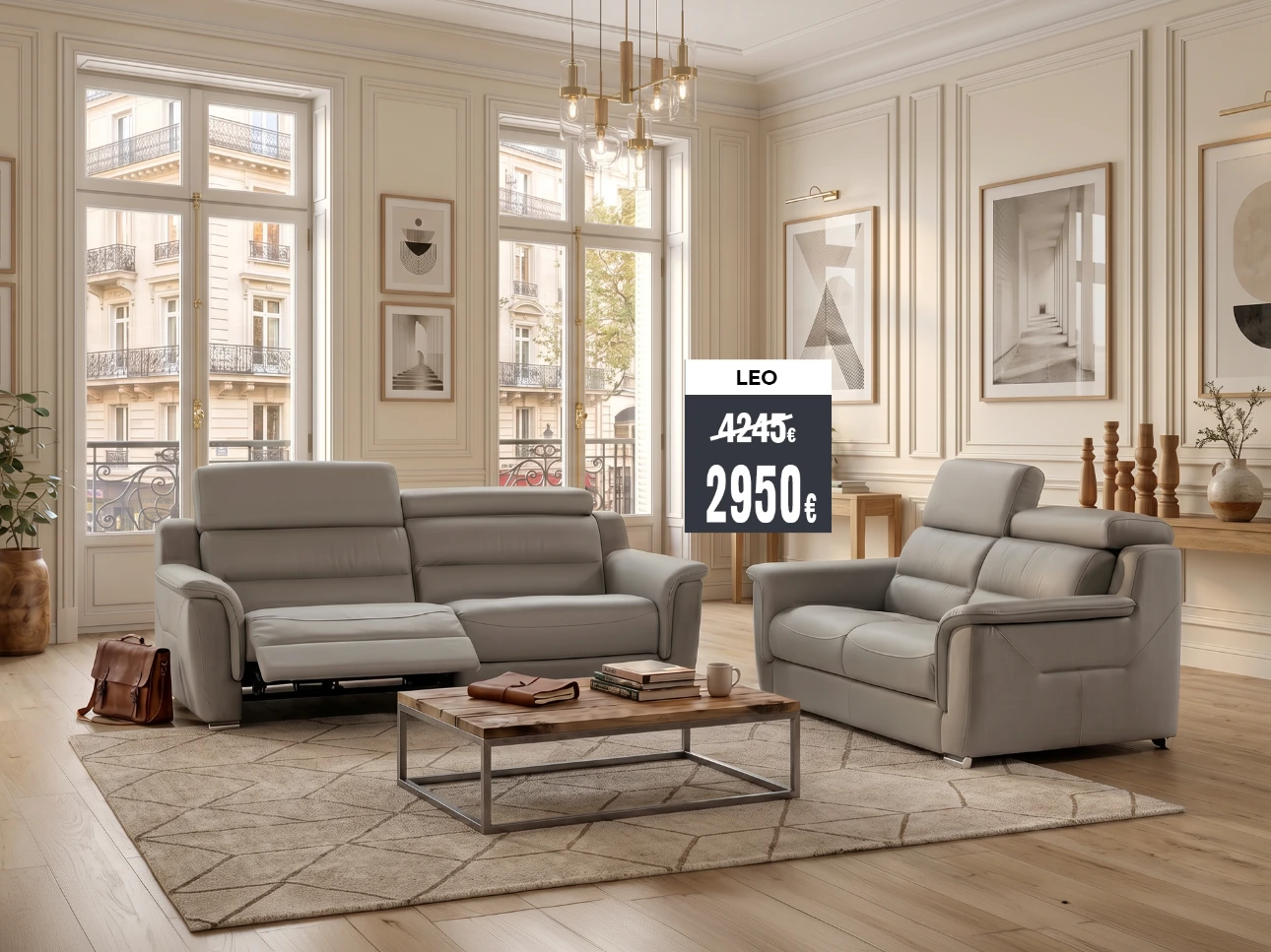 Salon cuir gris relax leo