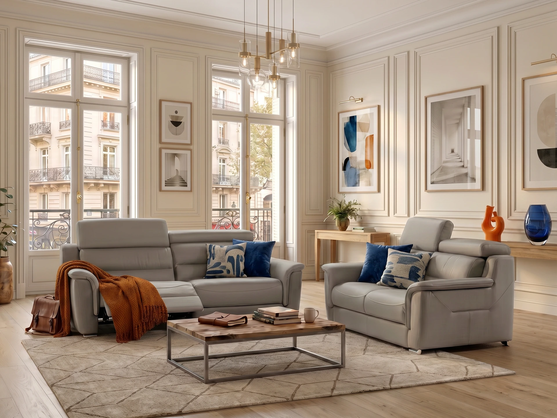 Salon 3+2 leo en cuir gris