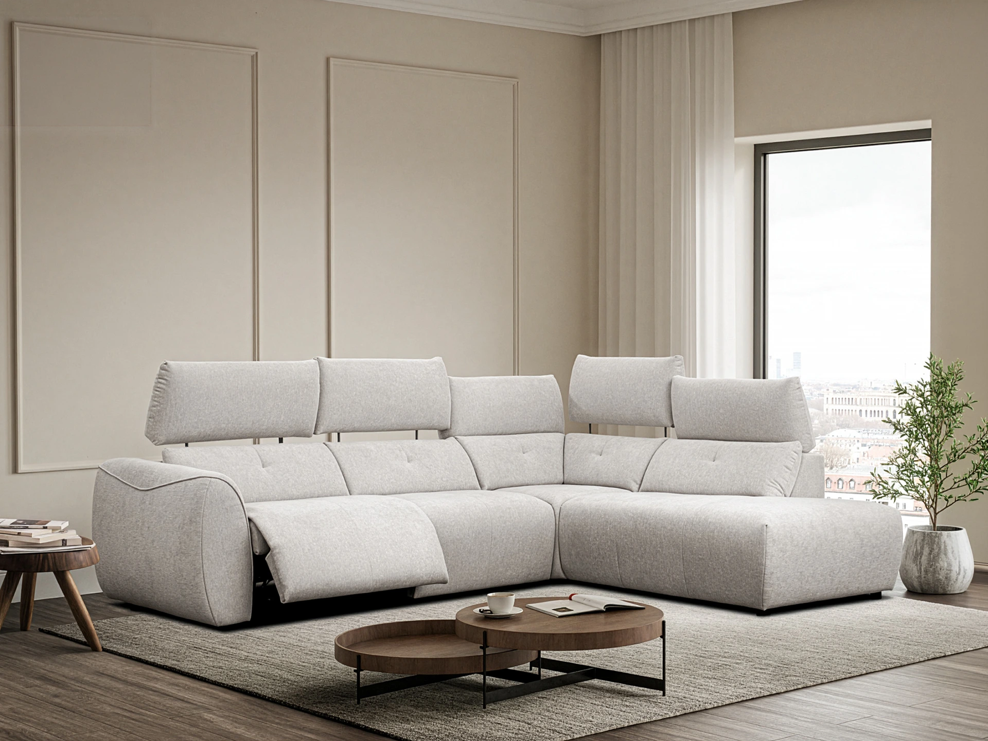 canapé d'angle en tissu gris avec relax et têtières électriques