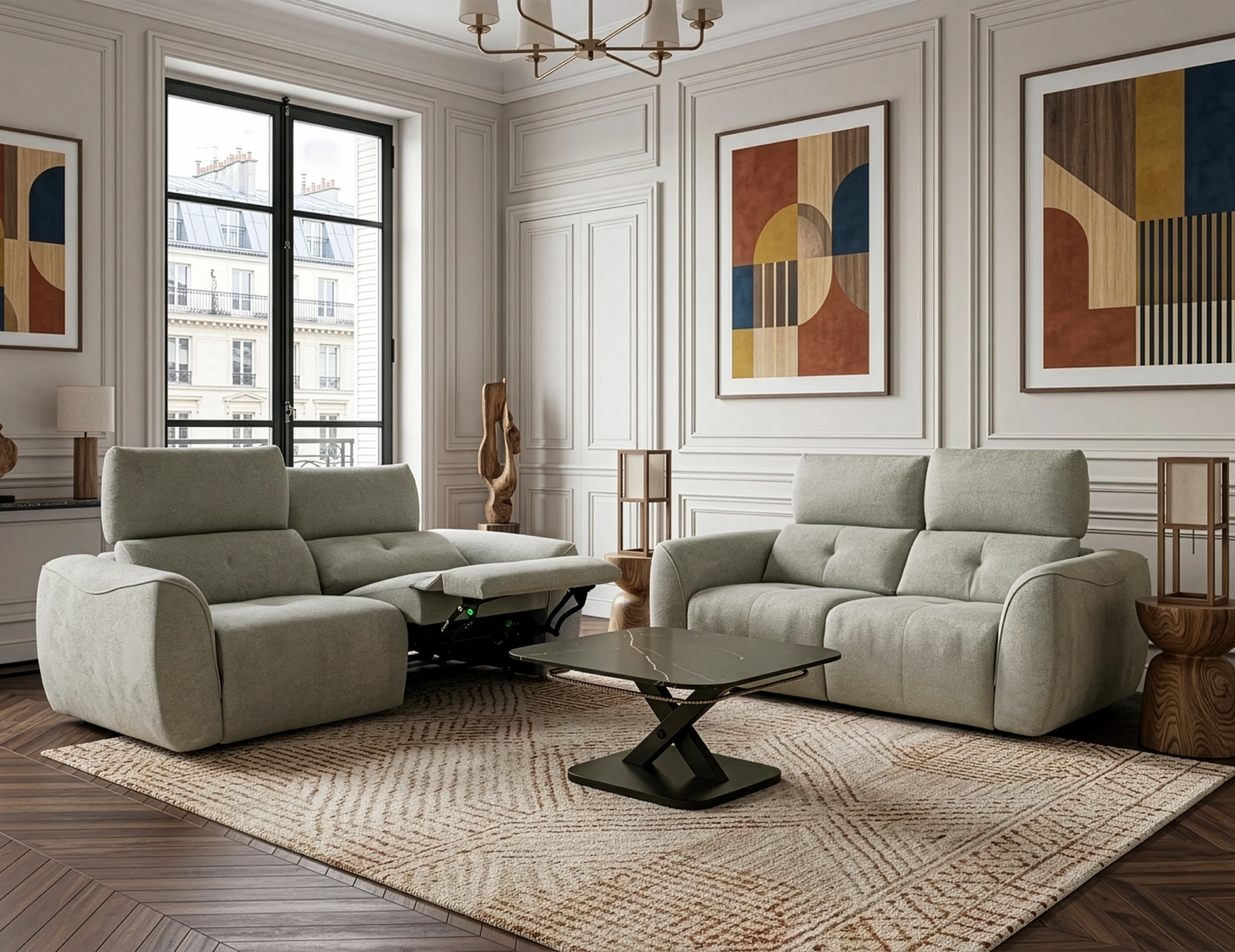 salon 3+2 en tissu vert tendre avec relax et têtières électriques