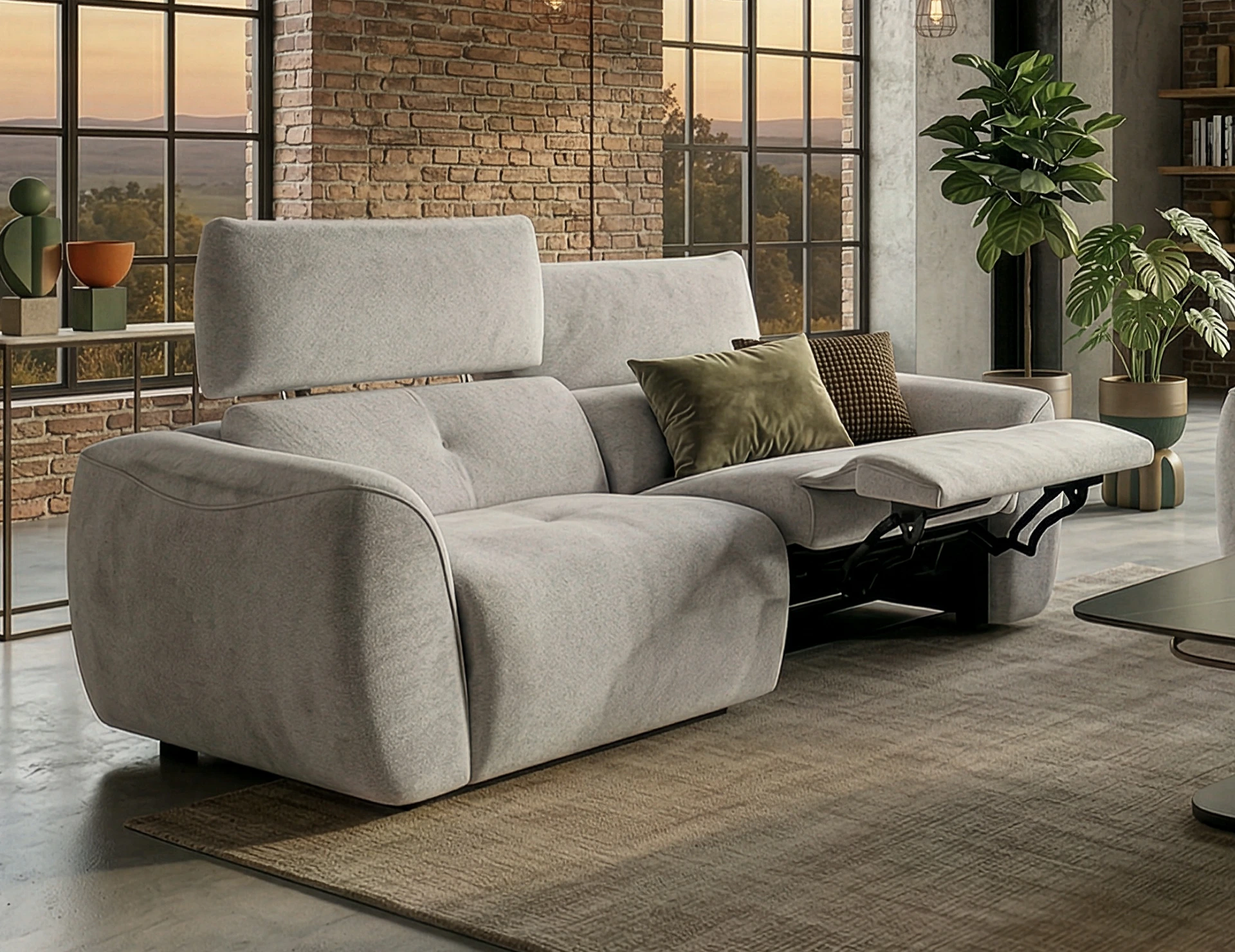 canapé en tissu vert tendre avec relax et têtières électriques